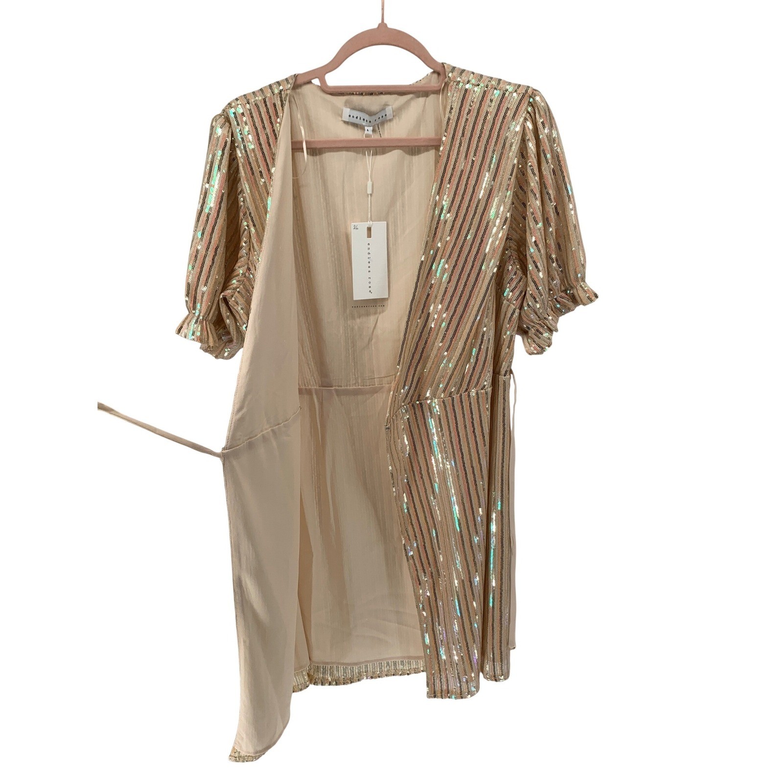 Endless Rose Sequin Striped Wrap Dress Gold Iridescent V-Neck Puff Sleeve Large