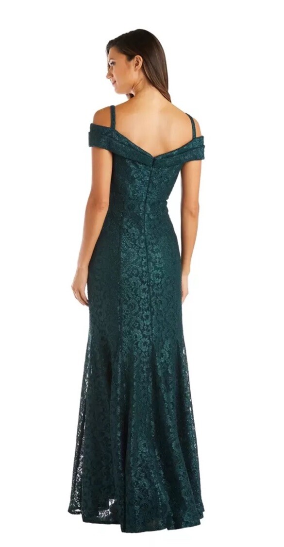 R&M Richards Women’s Off-The-Shoulder Lace Gown- Size 8 Green