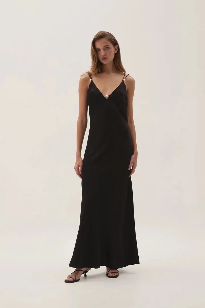 Aje Studio Agate Crossback Maxi Dress Black Pearl Beaded Bias Cut AU 6 / US 2