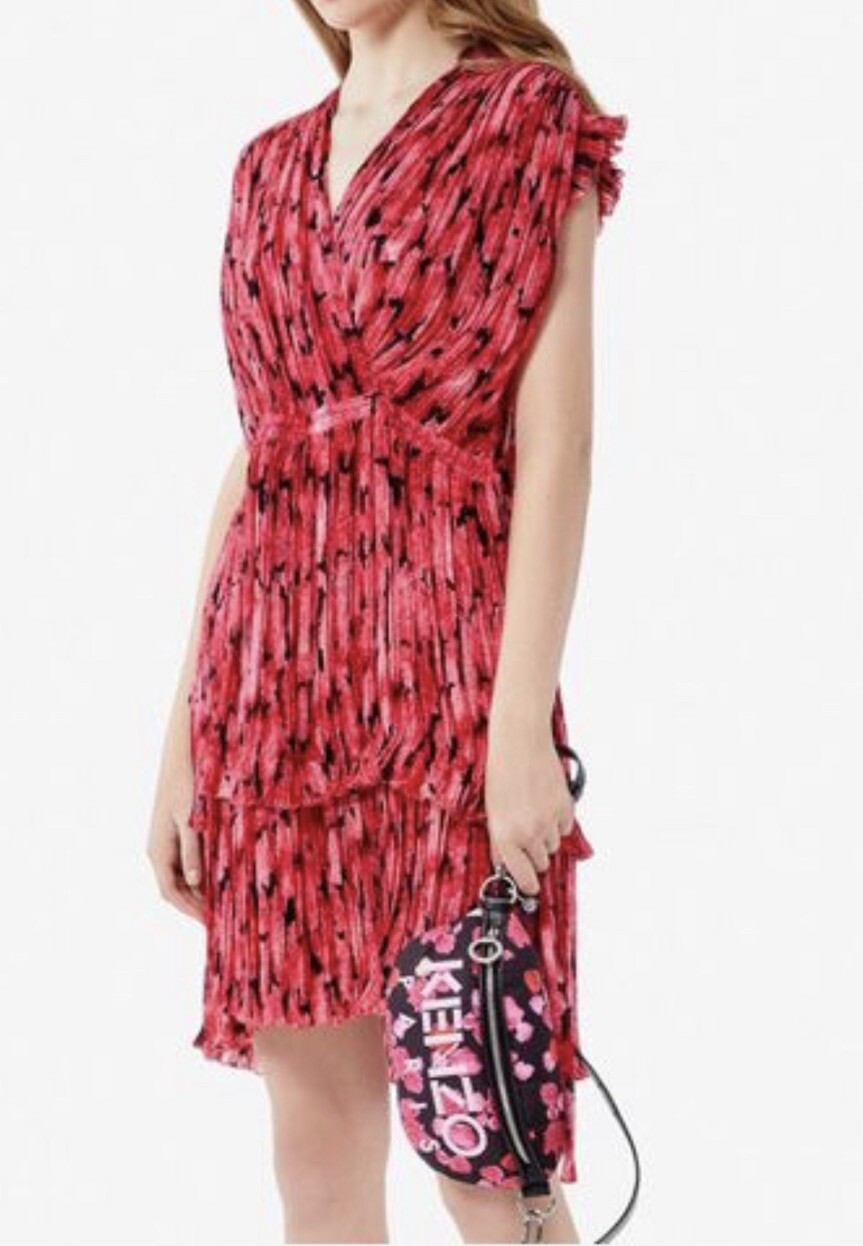 Kenzo Pink Pleated Ruffle Drawstring V Neck Mini Dress 34 S 8 Floral Frill Pleat