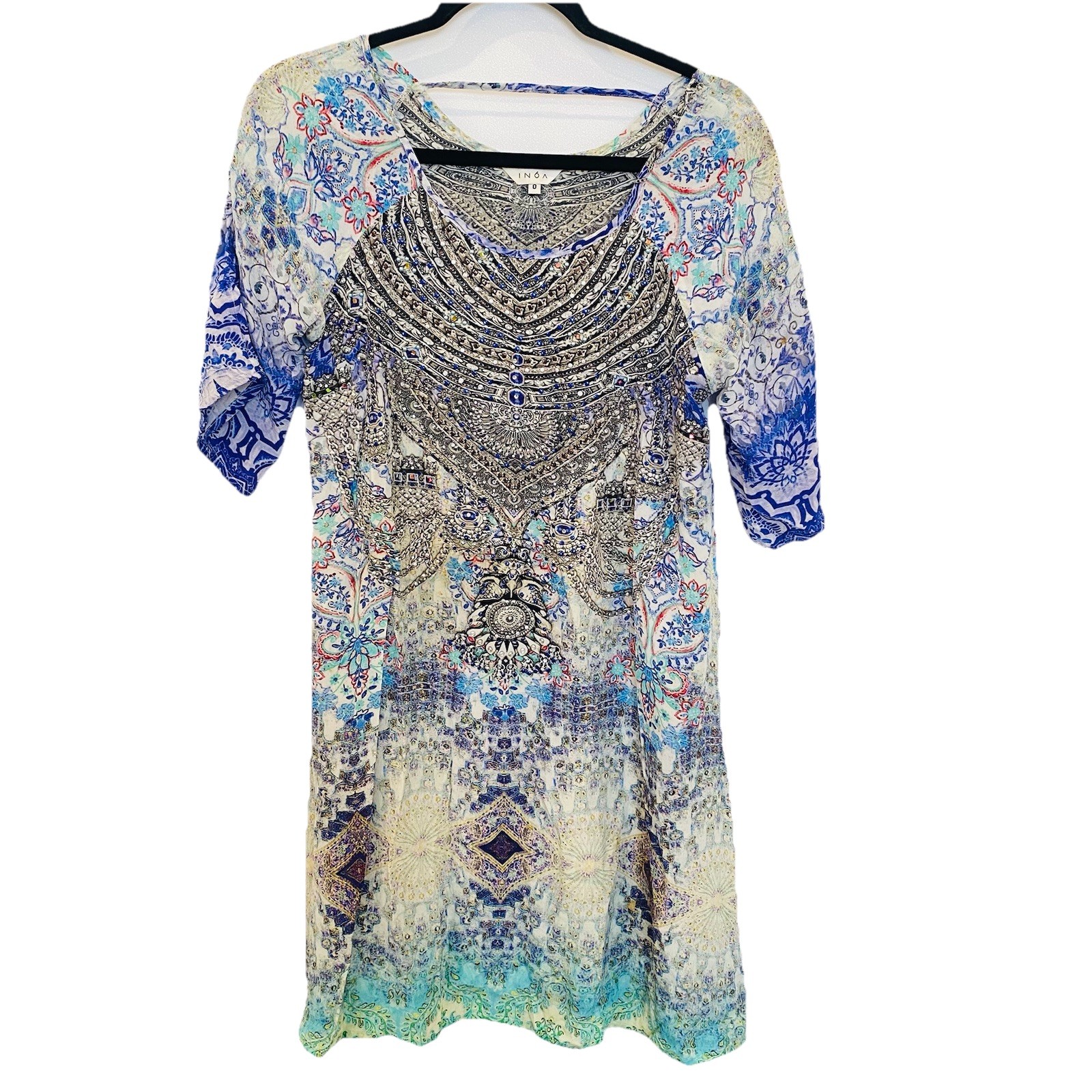 INOA 100% Silk Size 0 Blue Green Jewelled Aztec Patterned Kaftan Dress Boho