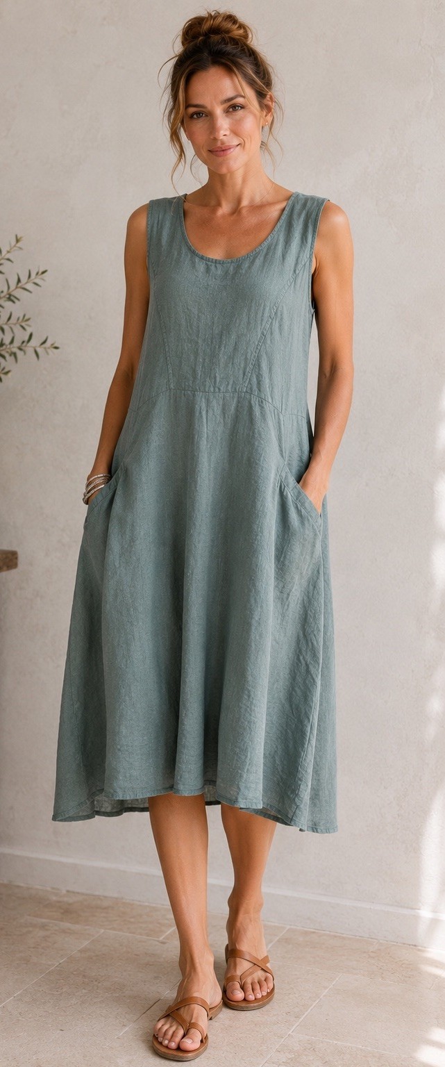 Woolovers 100% Linen Dress Size US 10 Sea Green Midi Tea Dress W Pockets Italy