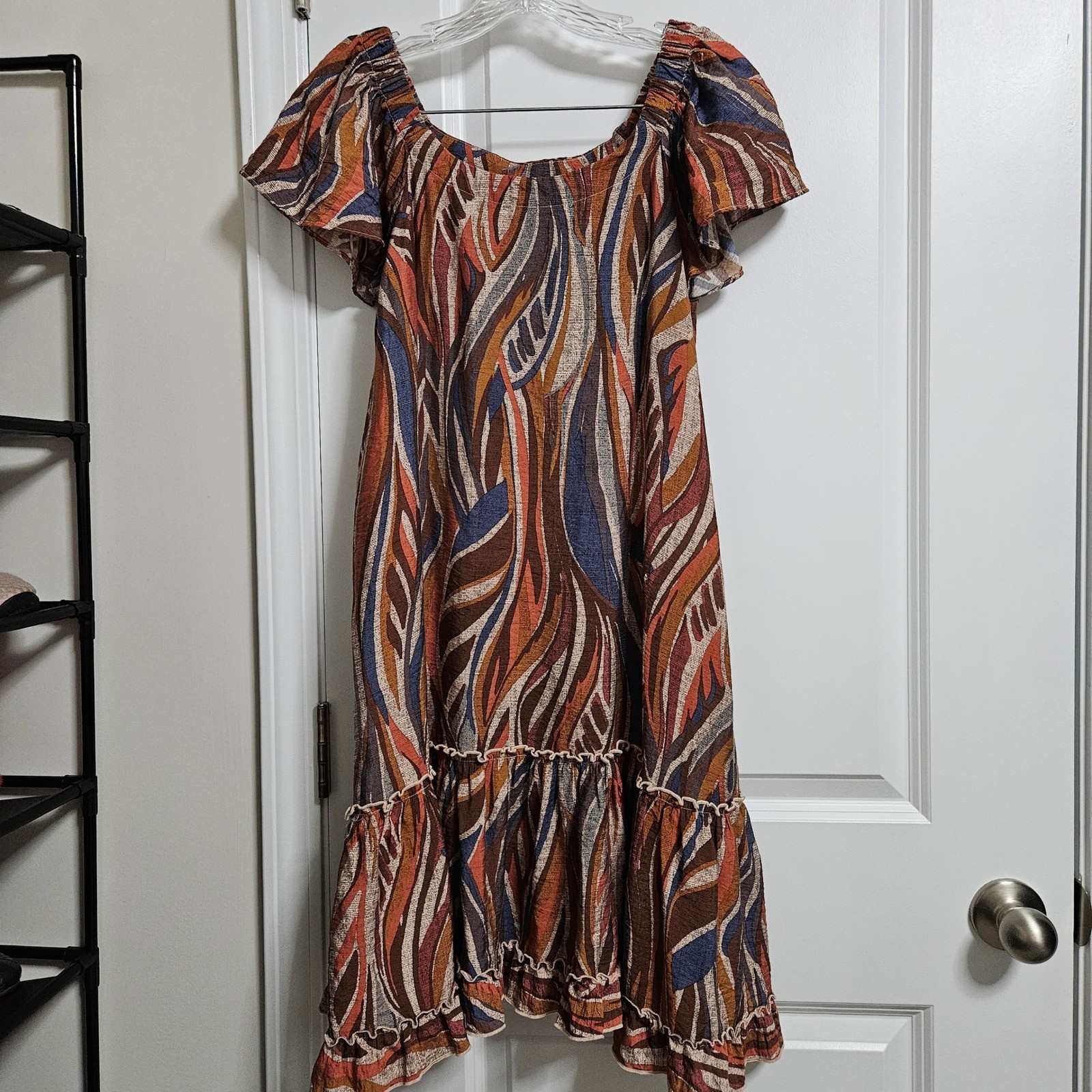 Boho Mini Robbie Bee Dress Womens Sm Multi Abstract Leaf Ruffle Hem Off Shoulder