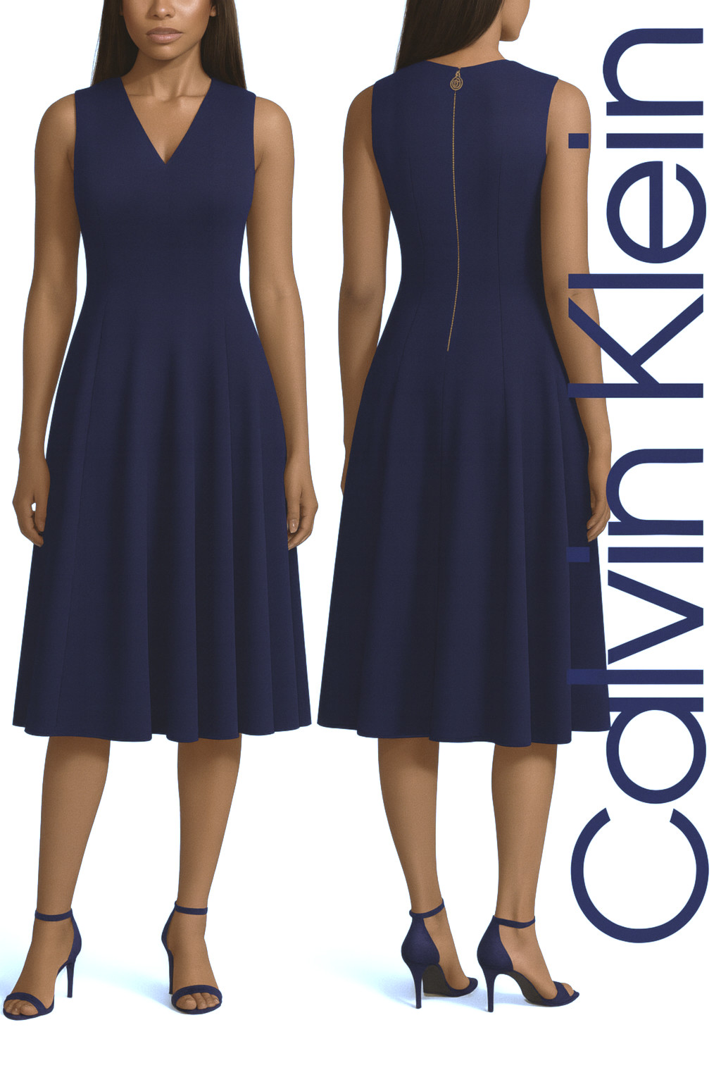 NWT CALVIN KLEIN Sleeveless INDIGO V-Neck Seamed Fit & Flare Midi Dress Size 10