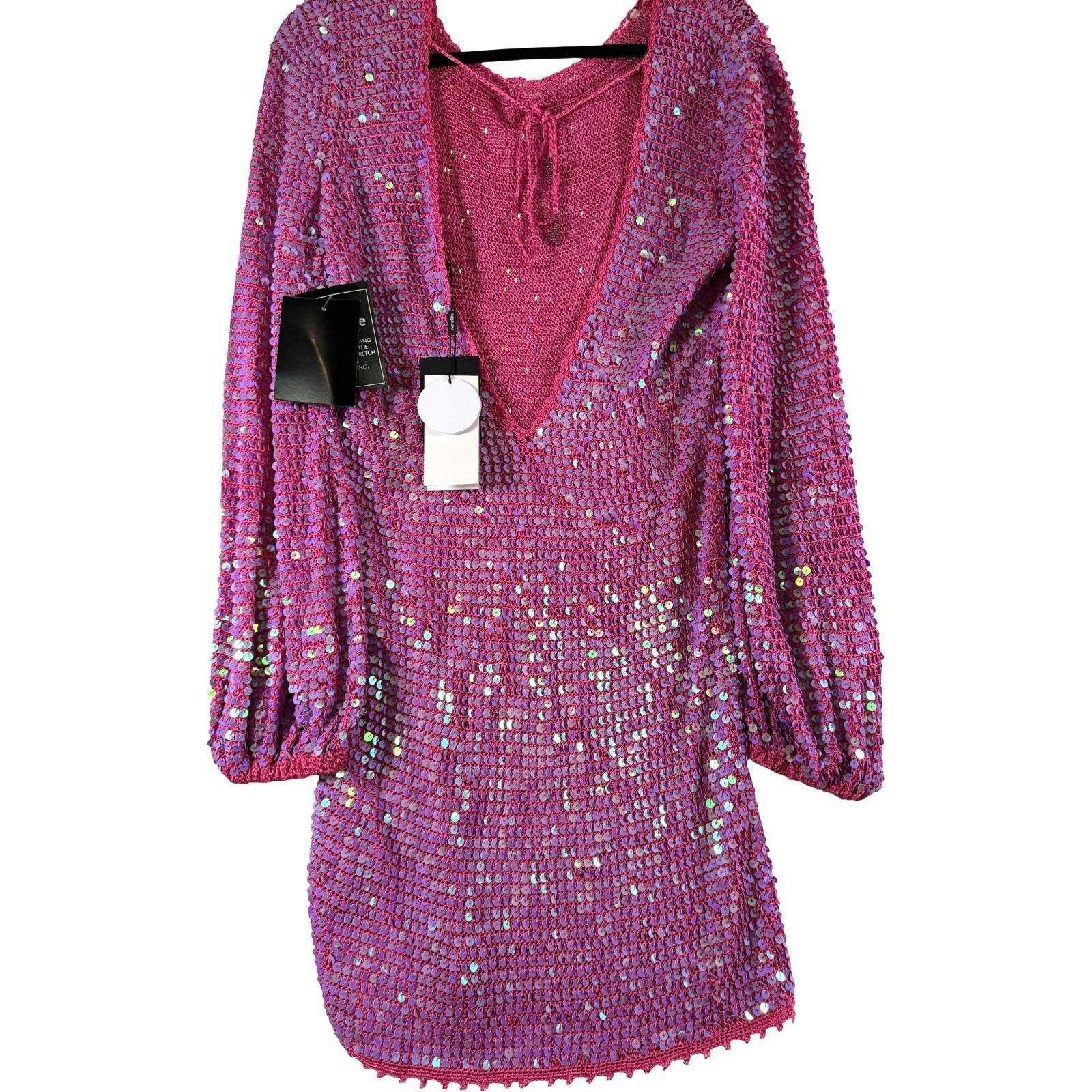 Retrofête Tara Sequin Crochet Mini Dress Iridescent Pink Size M/L NWT Barbiecore
