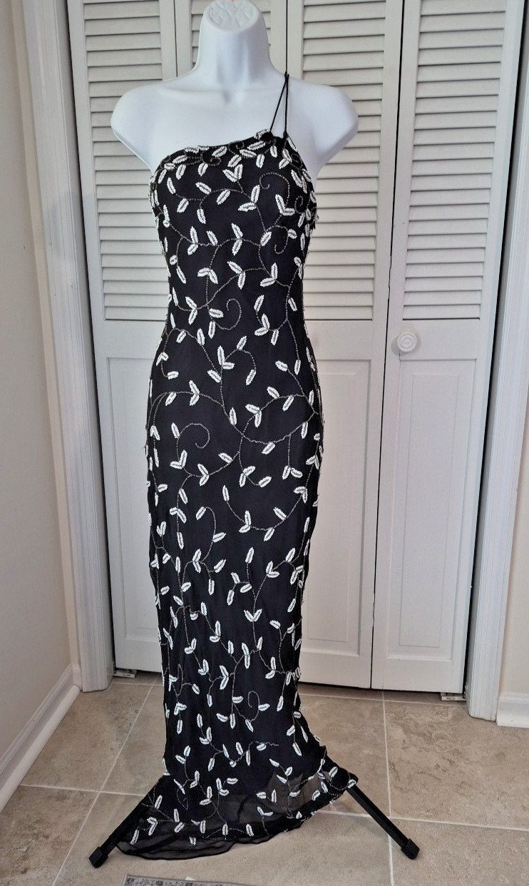 VTG Scala Y2K Black Beaded Silk Fairycore Formal Prom Dress Size XS Mermaid