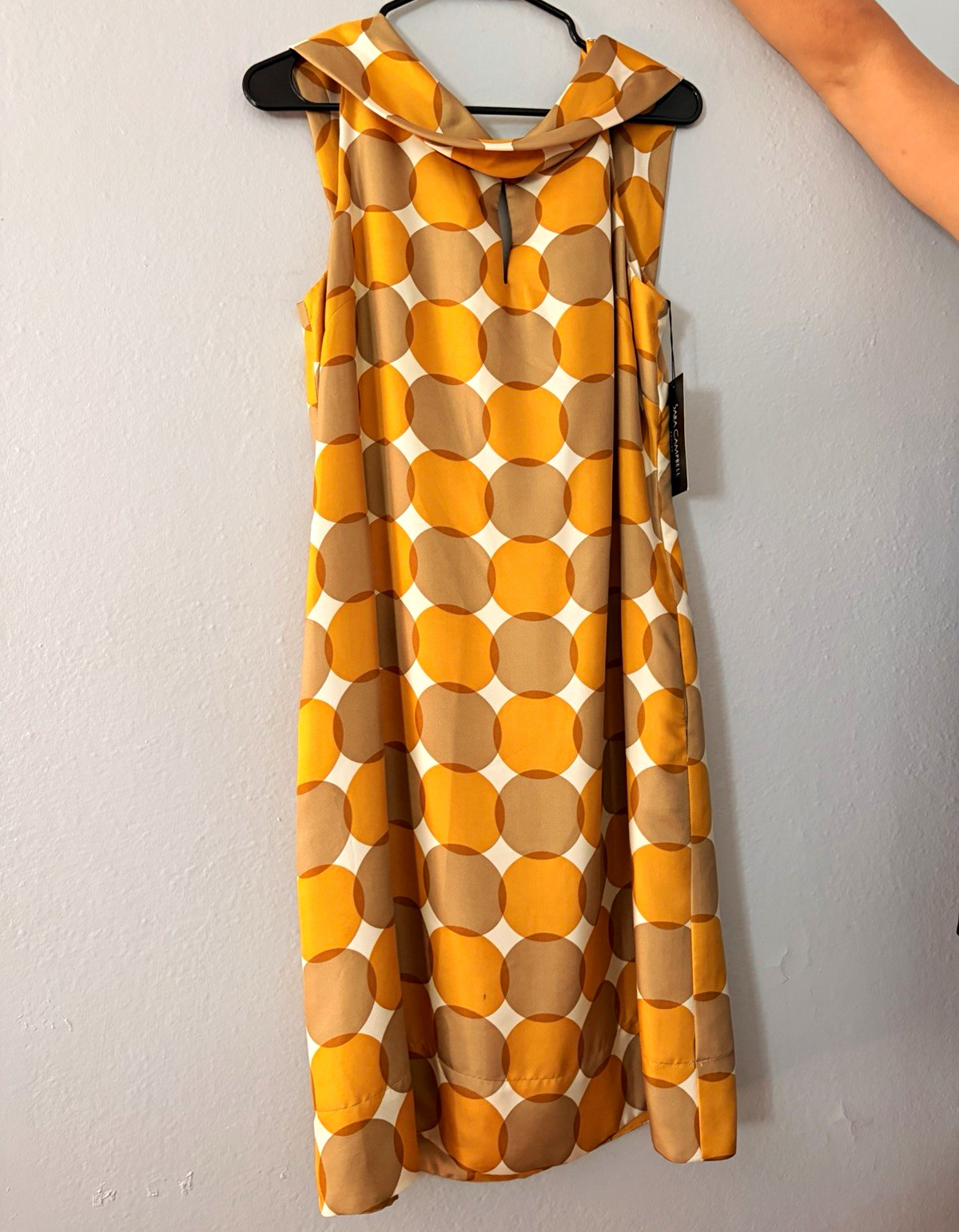 Sara Campbell Silk Satin Geometric Cowl Neck Shift Knee Dress Zip Size 14
