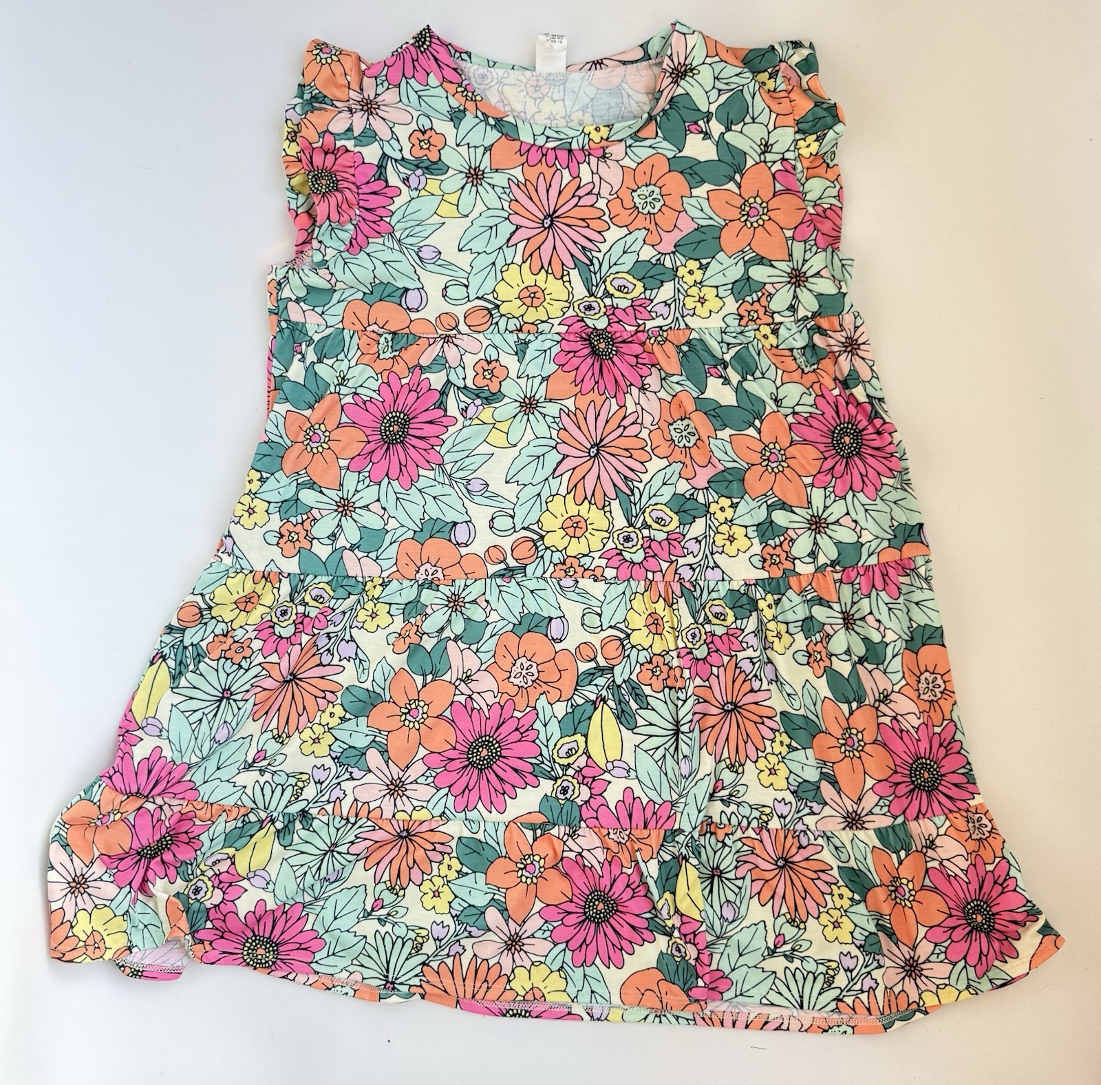 7th Ray Mod Floral Tiered Babydoll Mini Dress Stretch Size Large Made In USA