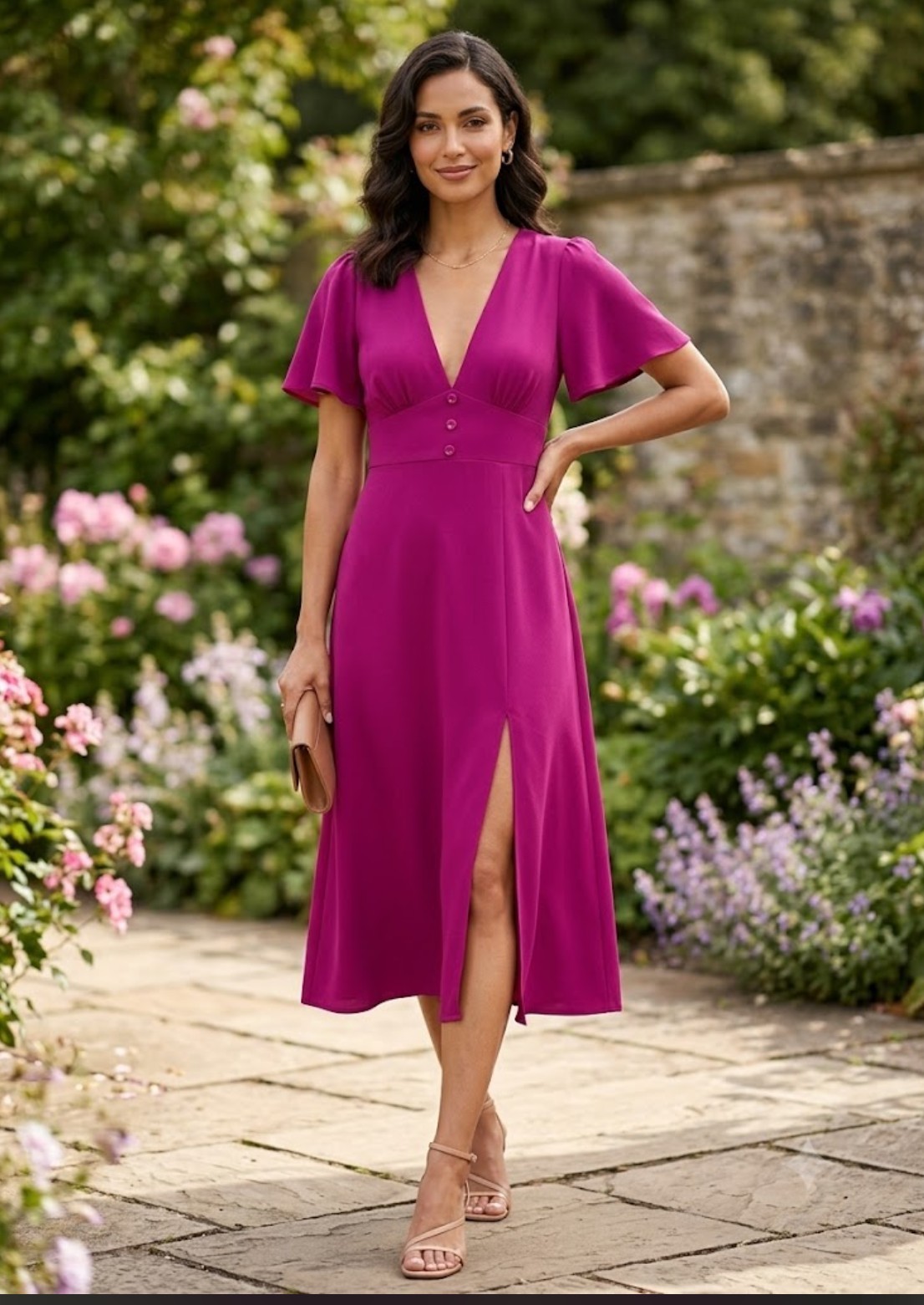 Monteau Los Angeles Flutter Sleeve V-Neck Midi Dress Medium Pink Barbiecore Chic