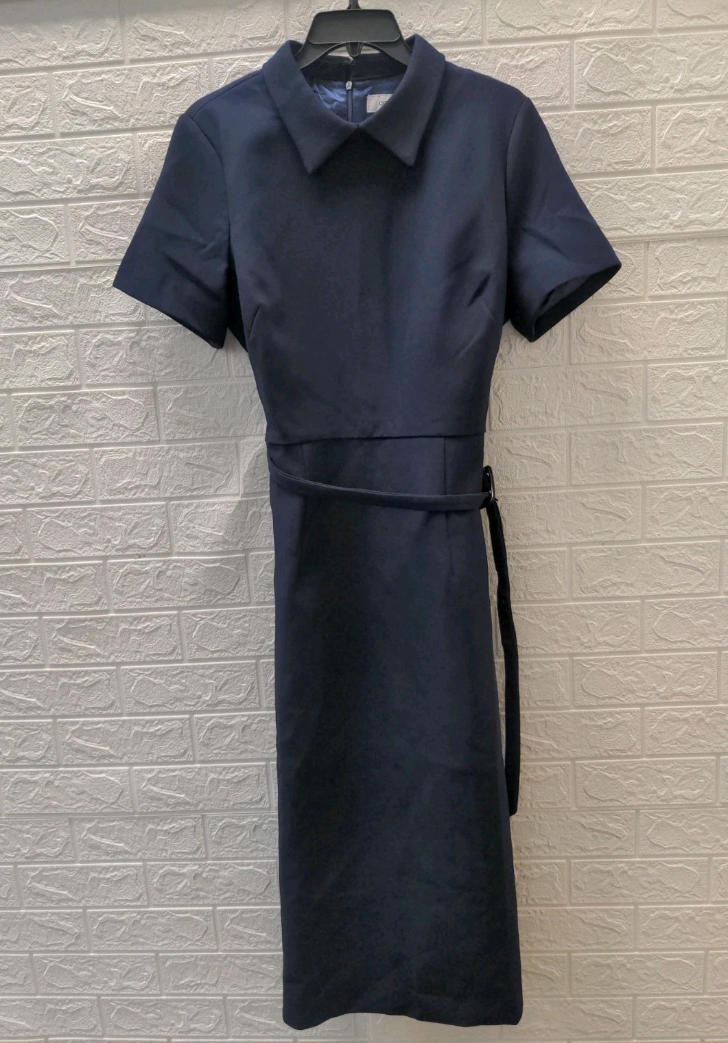 New Coast Lisa Tan Belted Full Skirt Crepe Midi Dress Navy Size 10