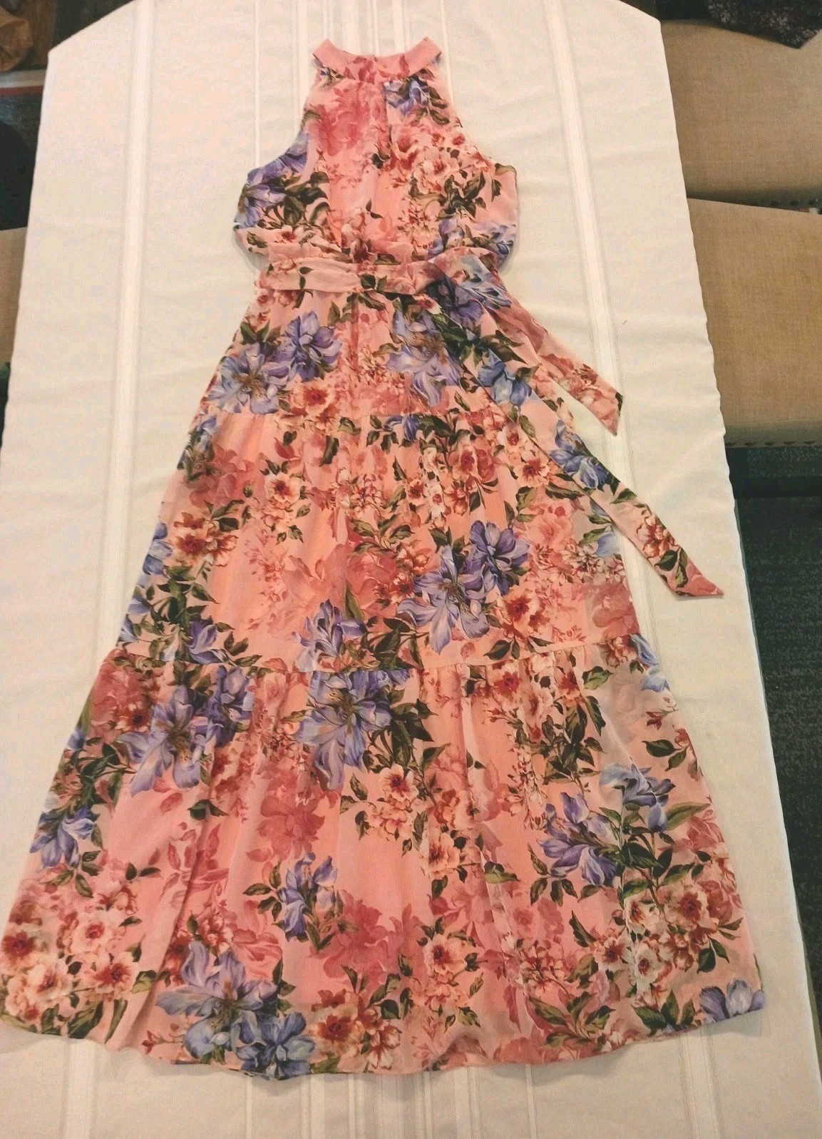 Julia Jordan Pink Floral Tiered Halter Neck Dress Size 8 Chiffon Maxi Spring