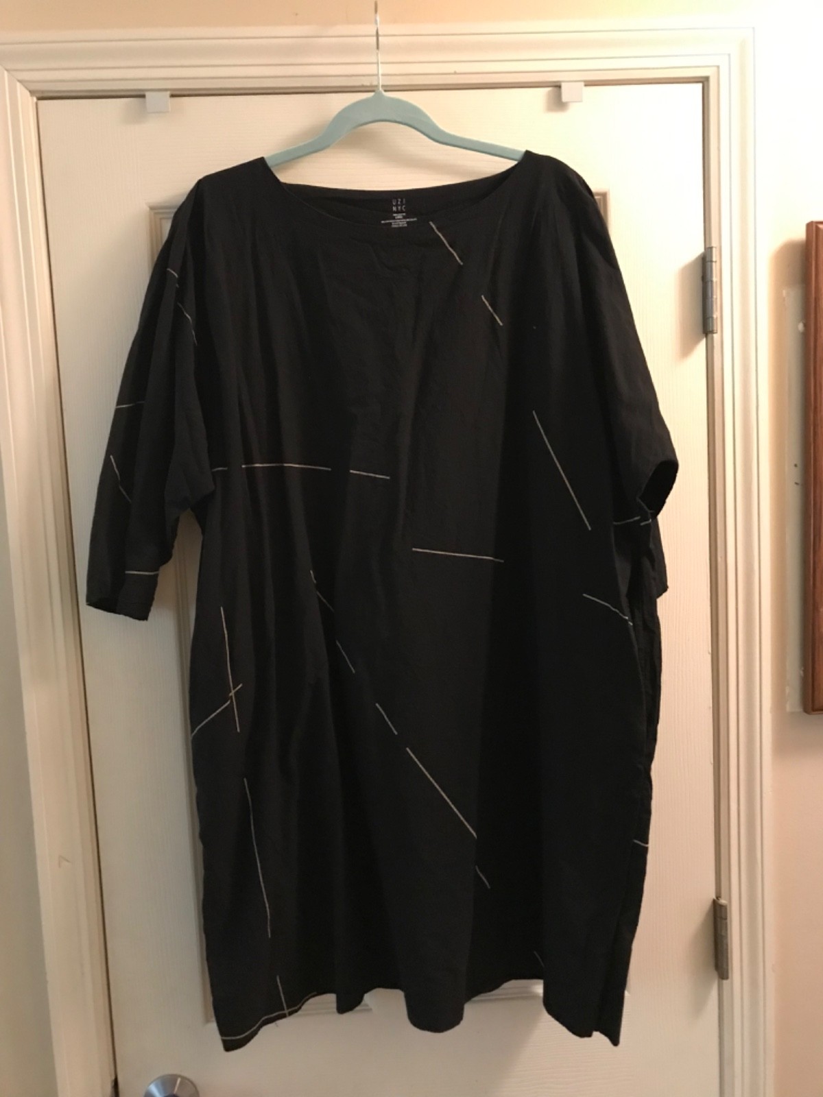 UZI NYC Oversized Boxy Mini Printed “Now Dress” Black/Tan Size-Large 100%Cotton