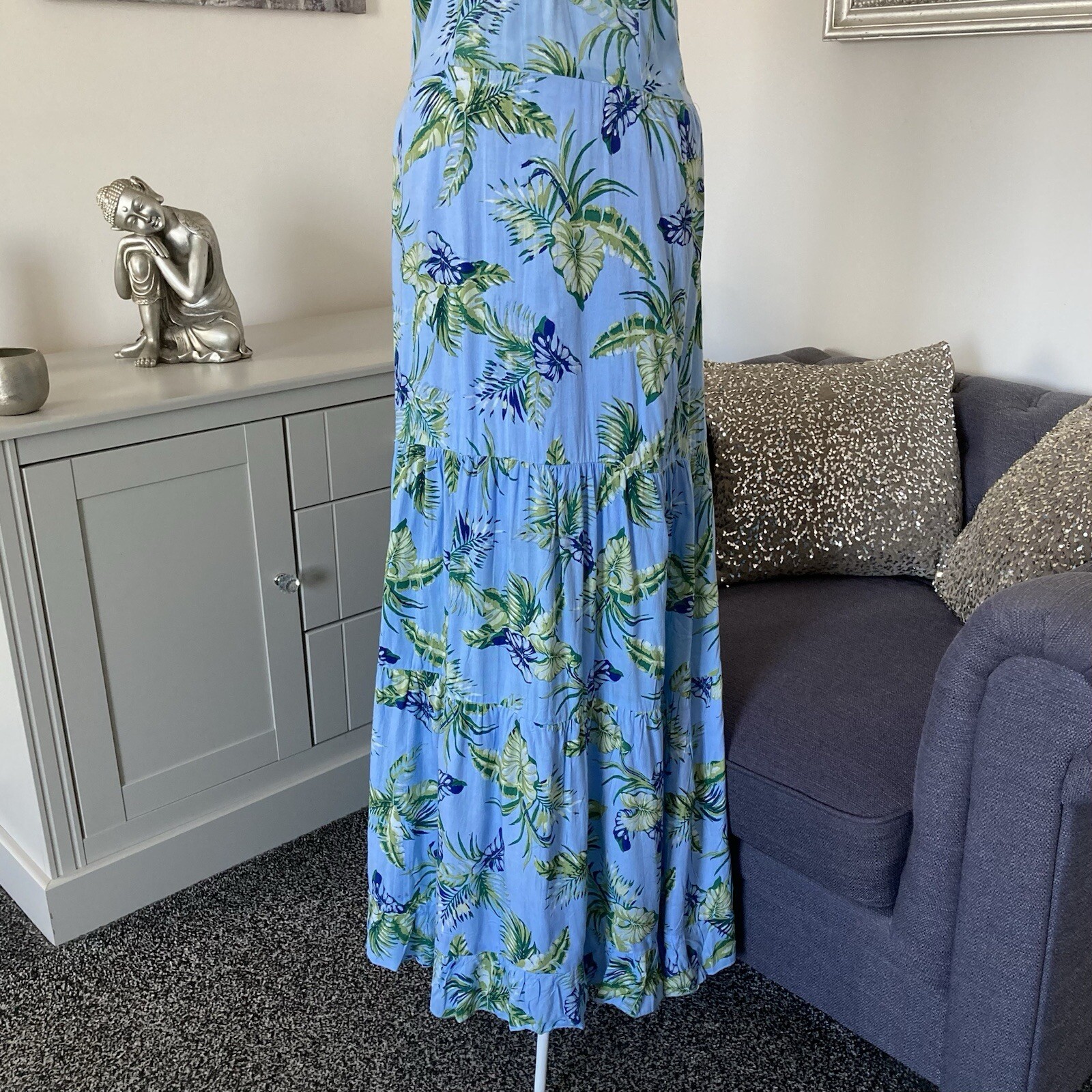 Blue Leaf Print Ruffle Scoop Neck Sleeveless Open Back Tiered Maxi Dress L 10-12
