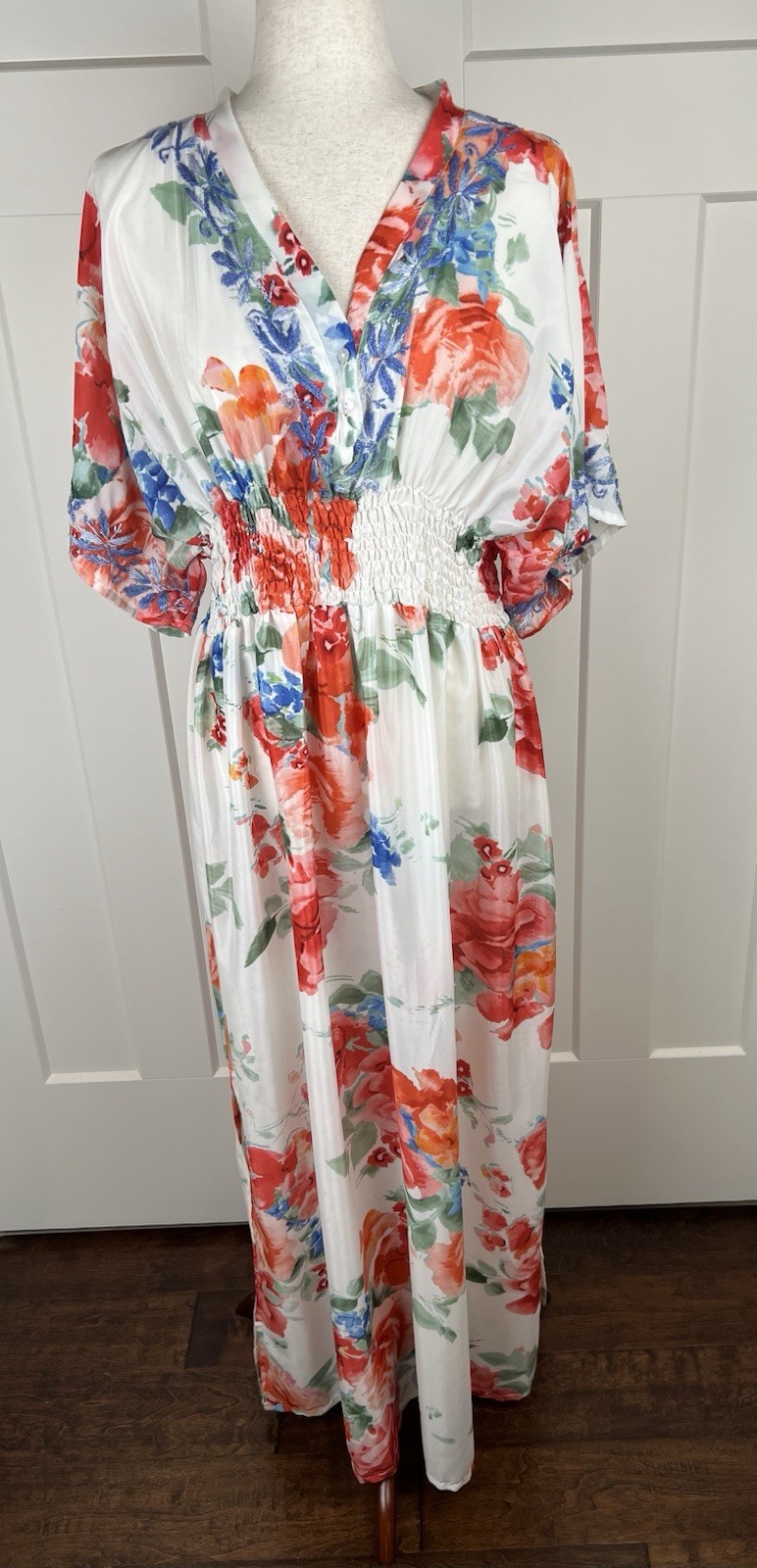 Karyn Seo Silk Blend Floral Embroidered Maxi Dress L India Boho Smocked Waist