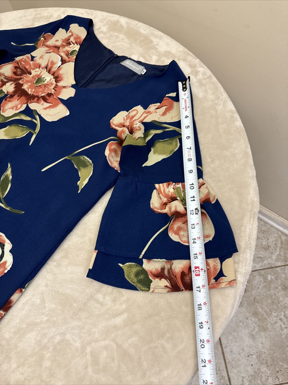 BELONGSCI Womans Navy Blue Floral FLARED SLEEVE Dress Size Medium