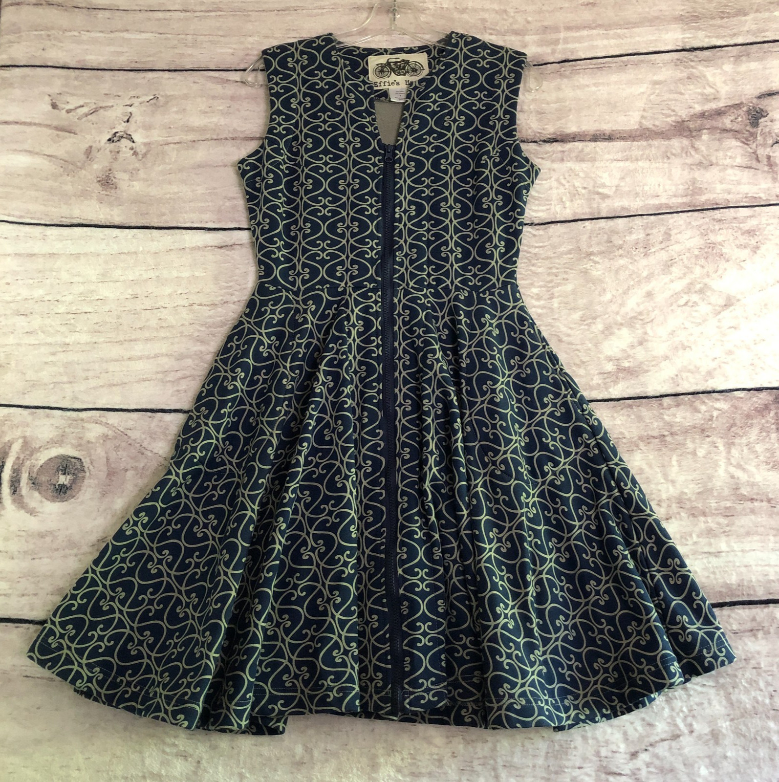 Effie’s Heart Dress S Blue Zip Front Sleeveless Fit Flare Pockets Cotton Lined