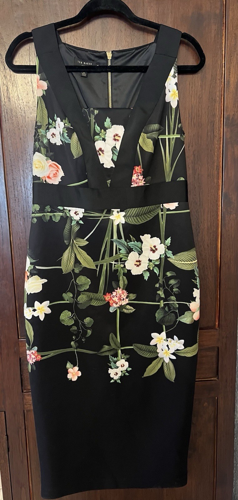 Ted Baker Womens Sheath Dress Size 3 V-Neck Sleeveless Black Floral Knee