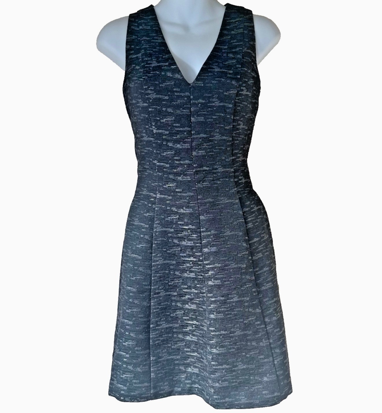 Oasis Black Silver Metallic Shimmer V-Neck Skater Dress Size 10 Textured Party