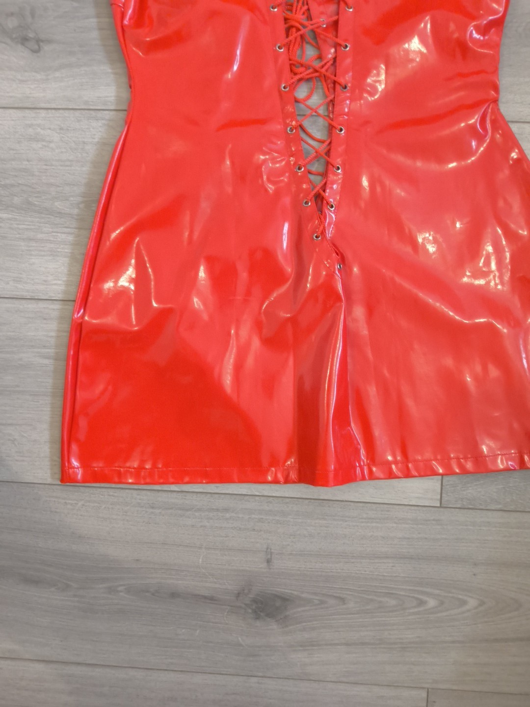 BNWOT Bright Red PVC Plunge Neck Lace Up Front & Back Bodycon Dress Size 10-14