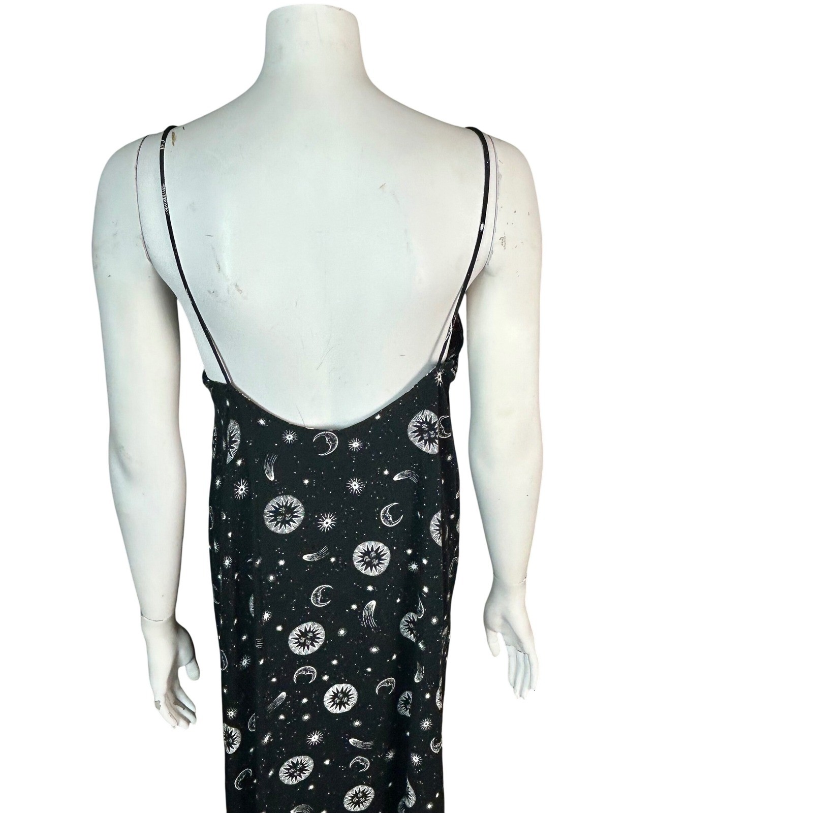 VTG Celestial Witchy Slip Dress Large Motel Black Moon Stars Maxi 90s Open Back