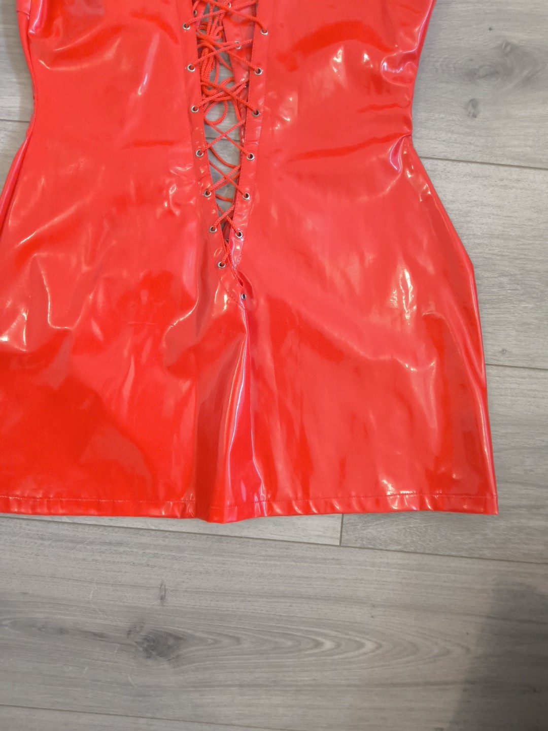 BNWOT Bright Red PVC Plunge Neck Lace Up Front & Back Bodycon Dress Size 10-14
