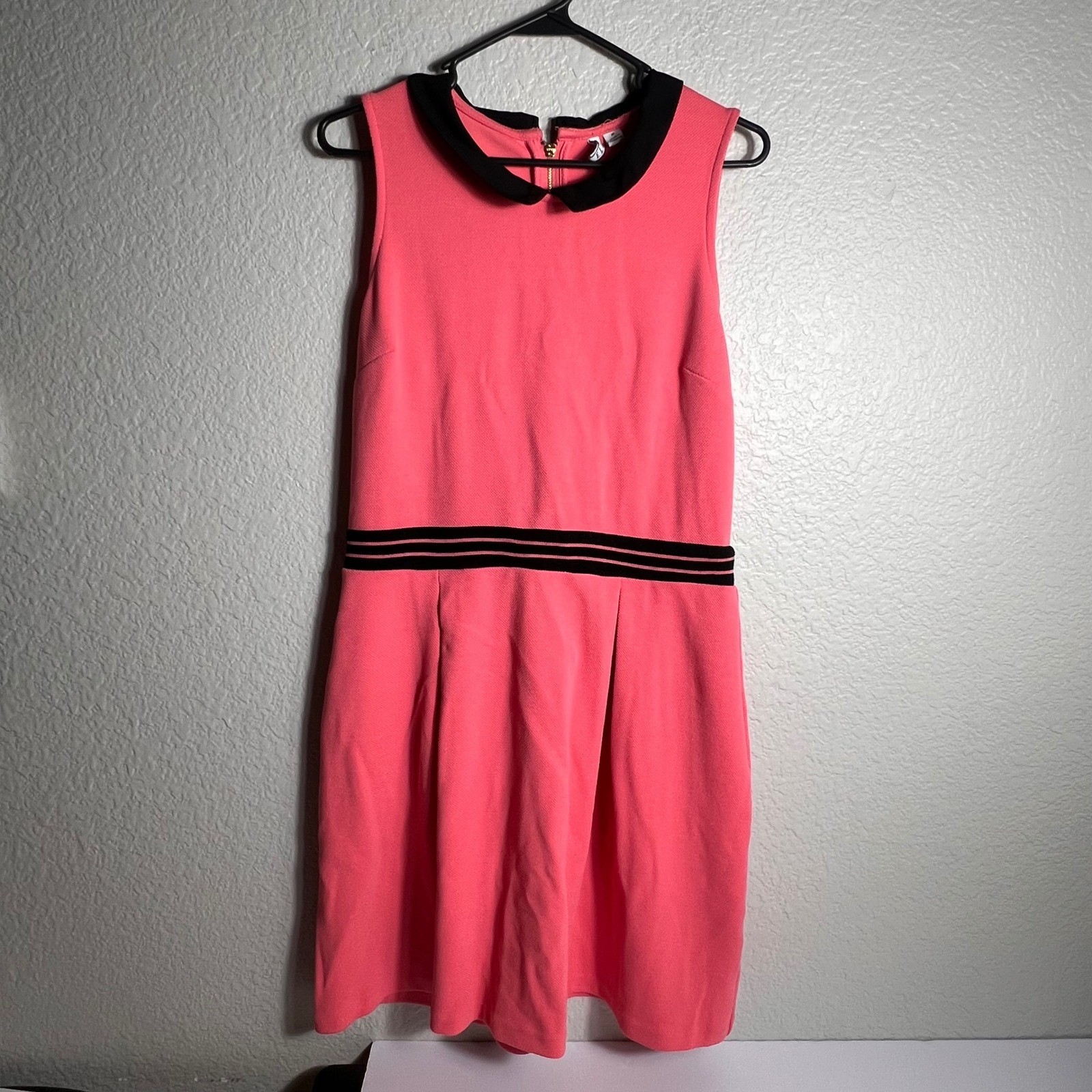 ELLE Womens Dress Black Collar Sleeveless Coral Pink Party Career Medium M