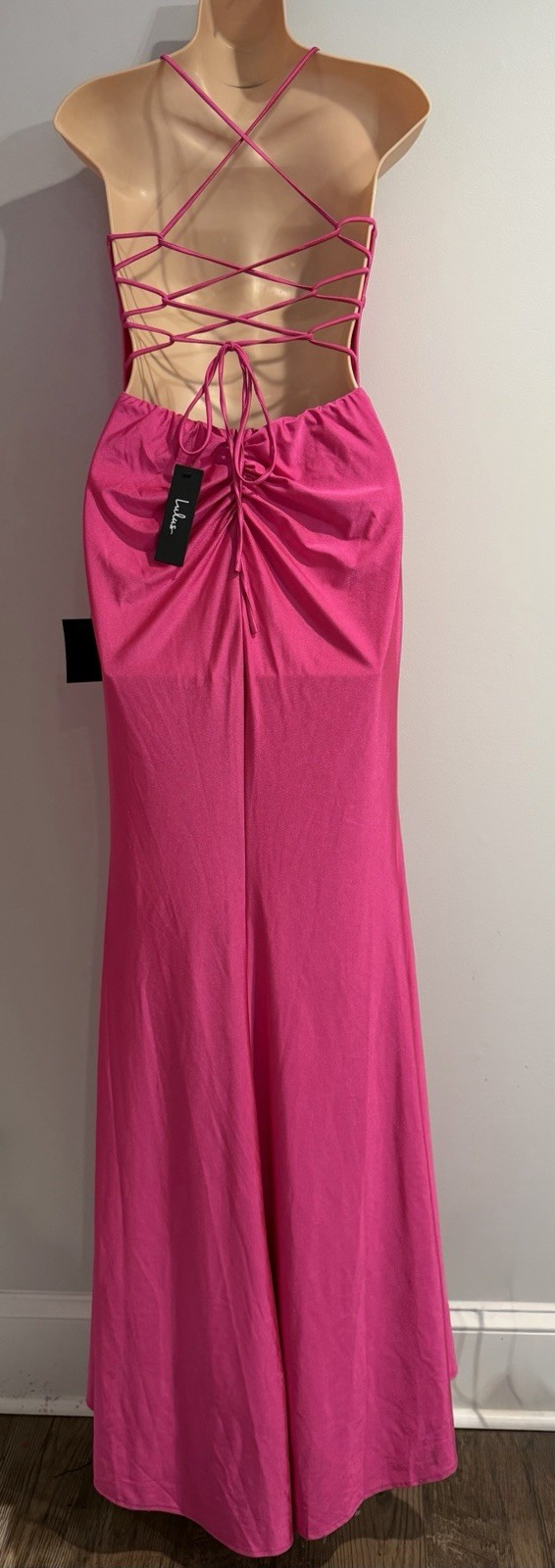 LULUS Divine Desires Hot Pink Satin Lace Up Back Mermaid Maxi Dress size S NWT