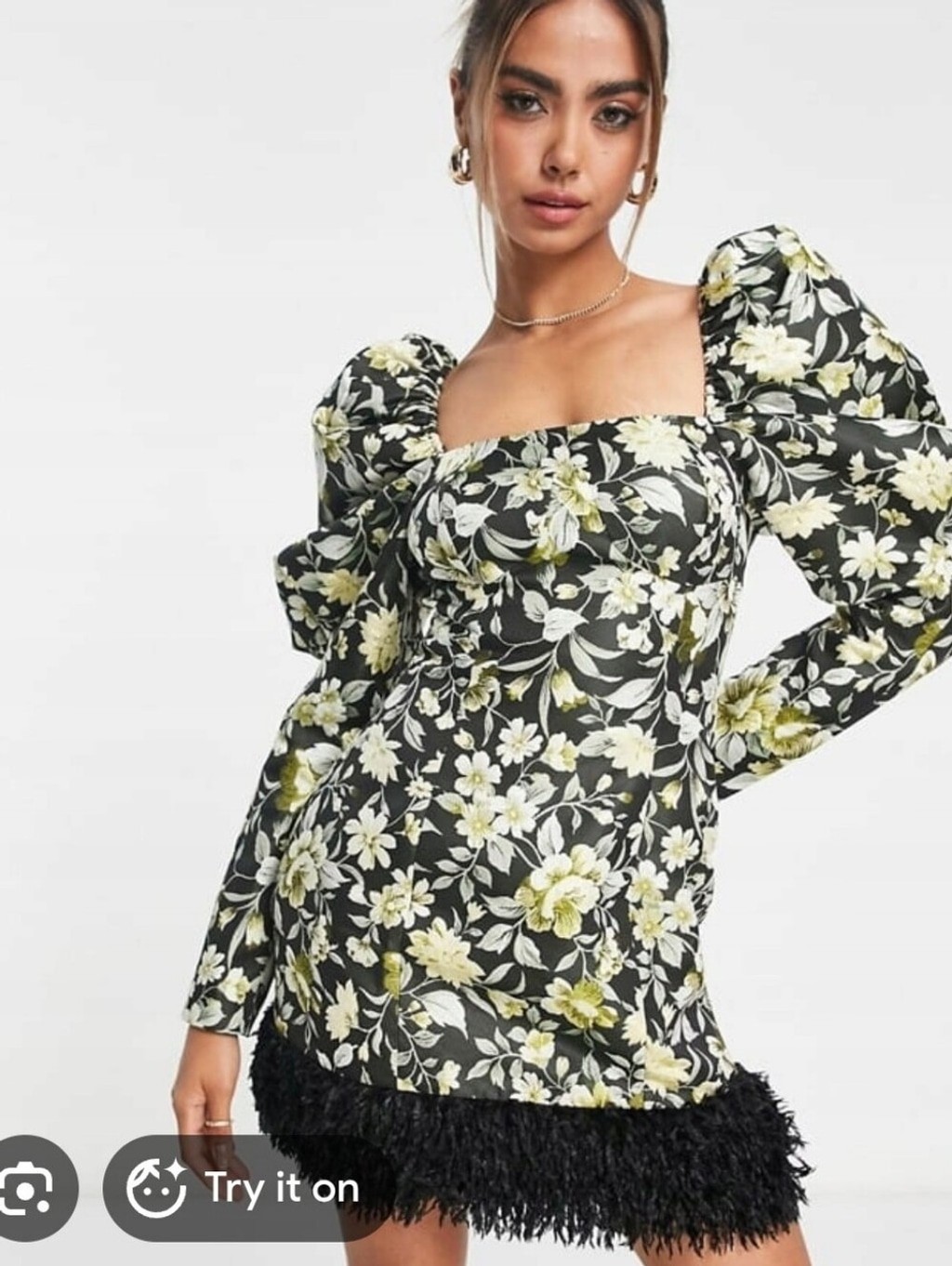 Miss Selfridge Green & Black Floral Jacquard Black Faux-Fur Fringe Dress, Size 4