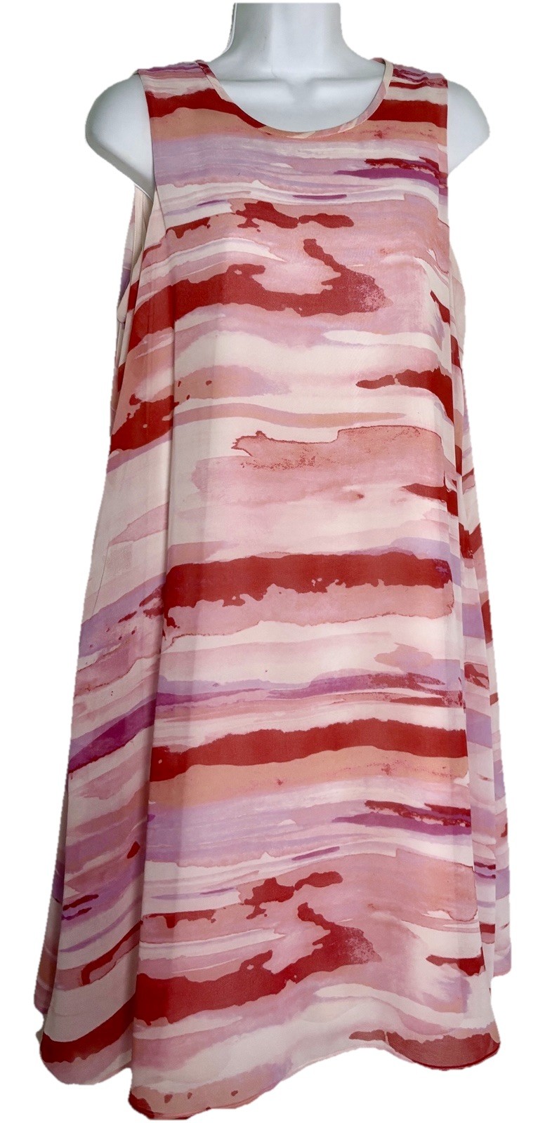 Calvin Klein Sheer Watercolor Stripe Shift Dress Trapeze Watermelon Pink Fairy L
