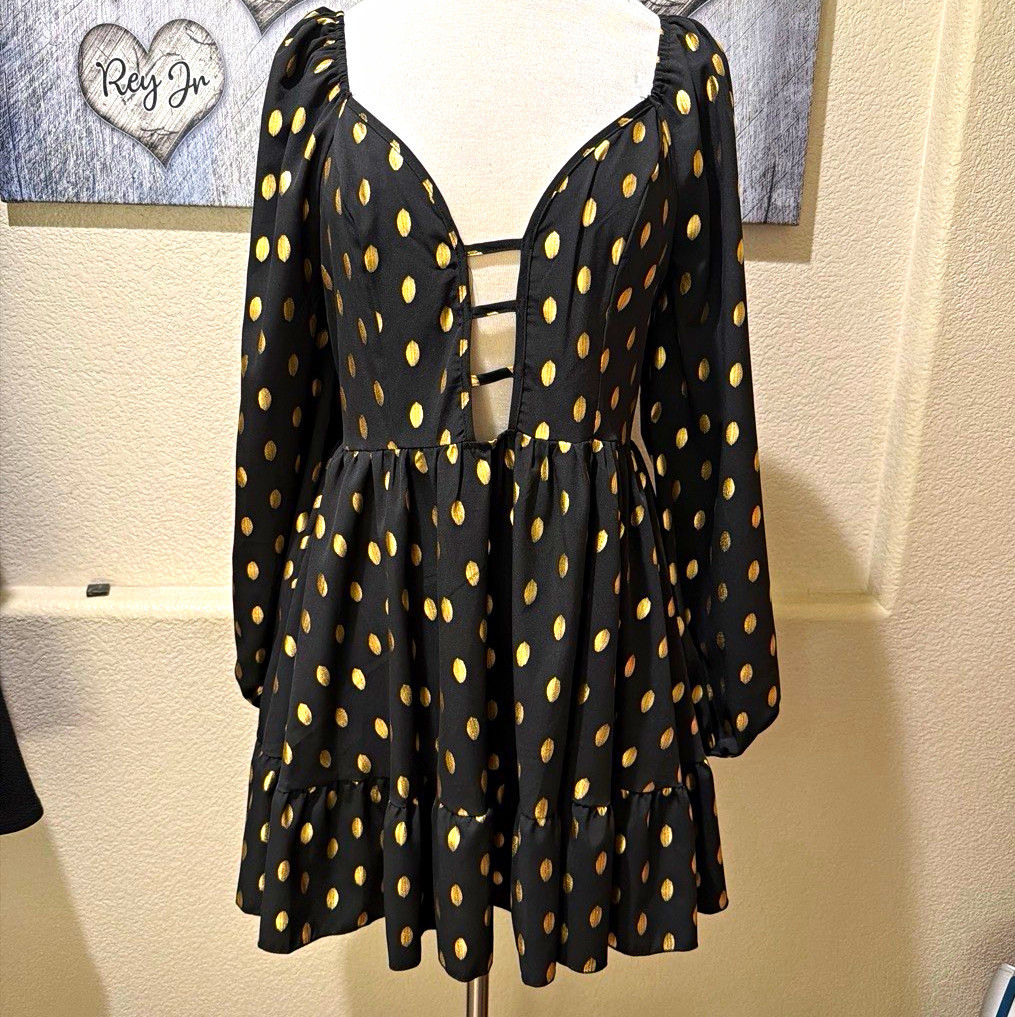 Women’s Black/Gold Polka Dot Fit & Flare Mini Dress S Square Neck Long Sleeve