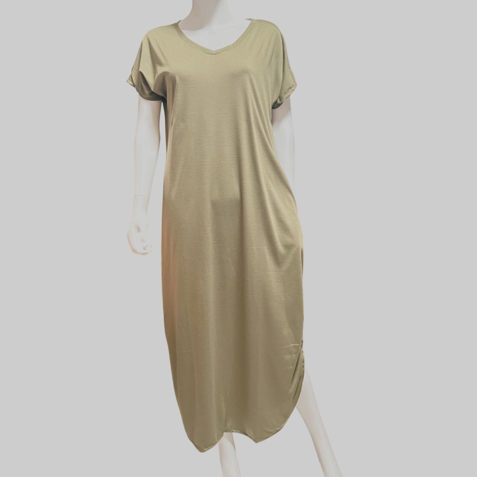 Womens Casual Maxi Dress XL Green Cotton Blend Short Sleeve Pockets Side Slit