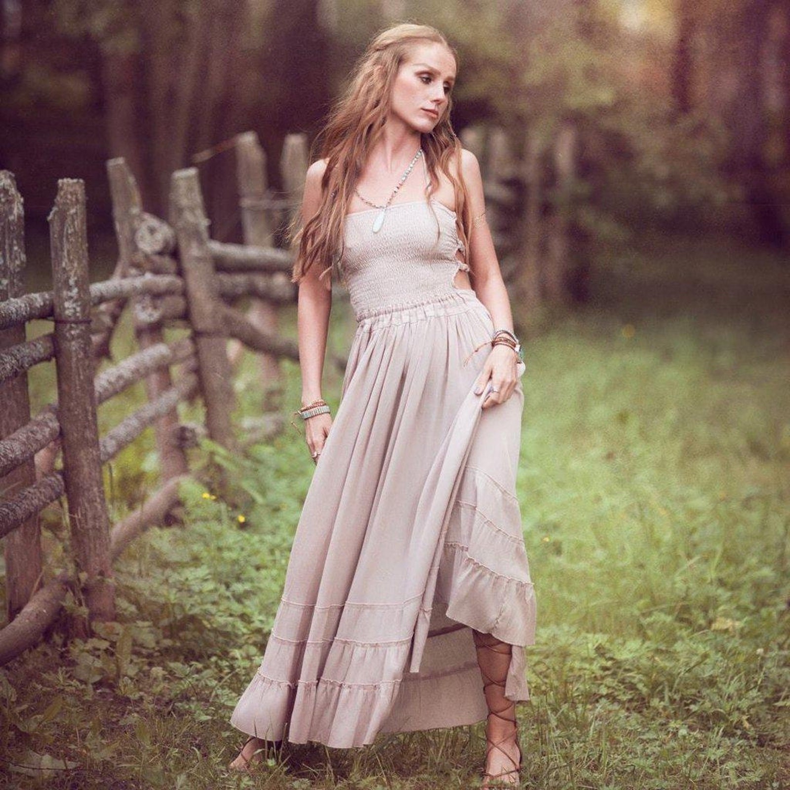 Maxi Dress L Earthy Taupe Open Back Ruffle Gypsy Western Fairy Boho Festival