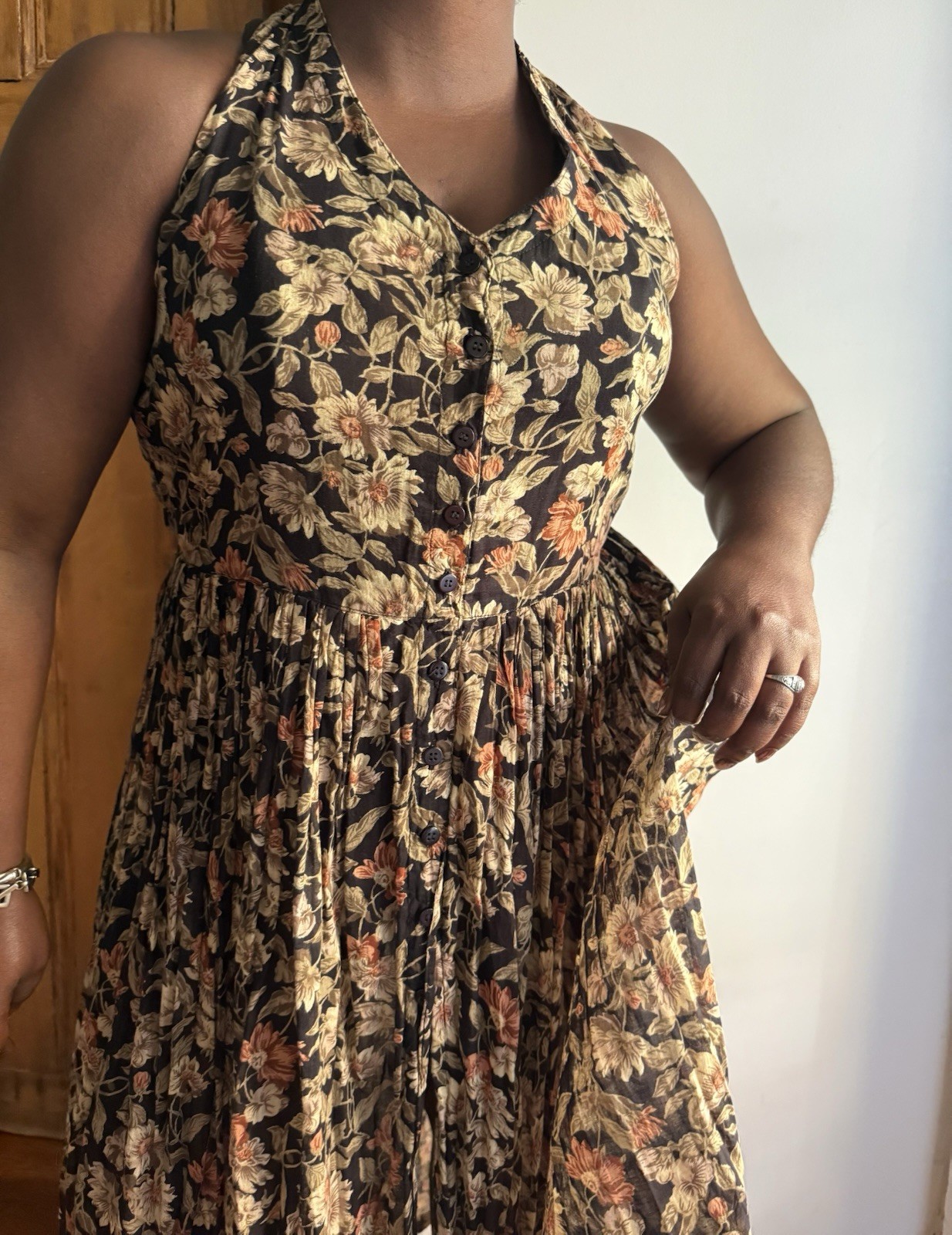 S. Roberts 90s Floral V-Neck Button Front Maxi Dress 100% Cotton Pleated M