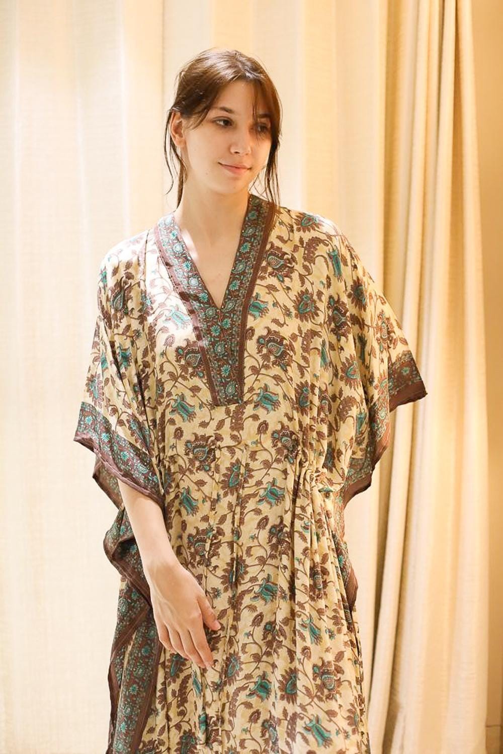Handmade Silk Beige Long Kaftan / Upcycled Free Size Dressing Gown PS MFN1002