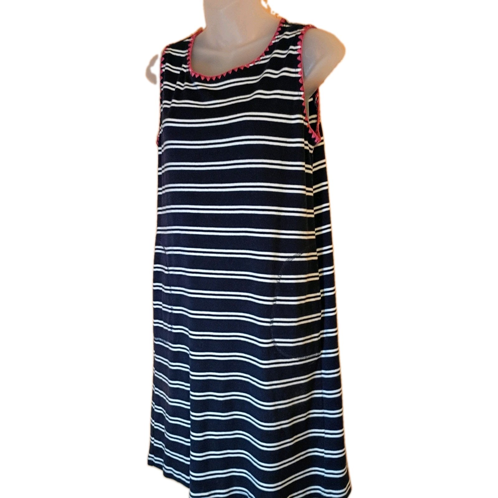 Med Cotton Knit Shift Dress with Pockets Navy Blue Nautical Stripe by TRIBAL