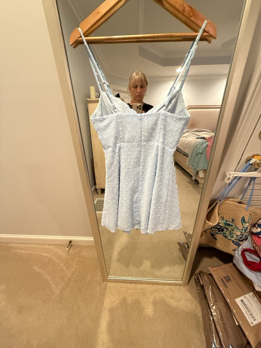 Saints + Secrets Baby Blue Swiss Dot Ruched Bust Mini Dress