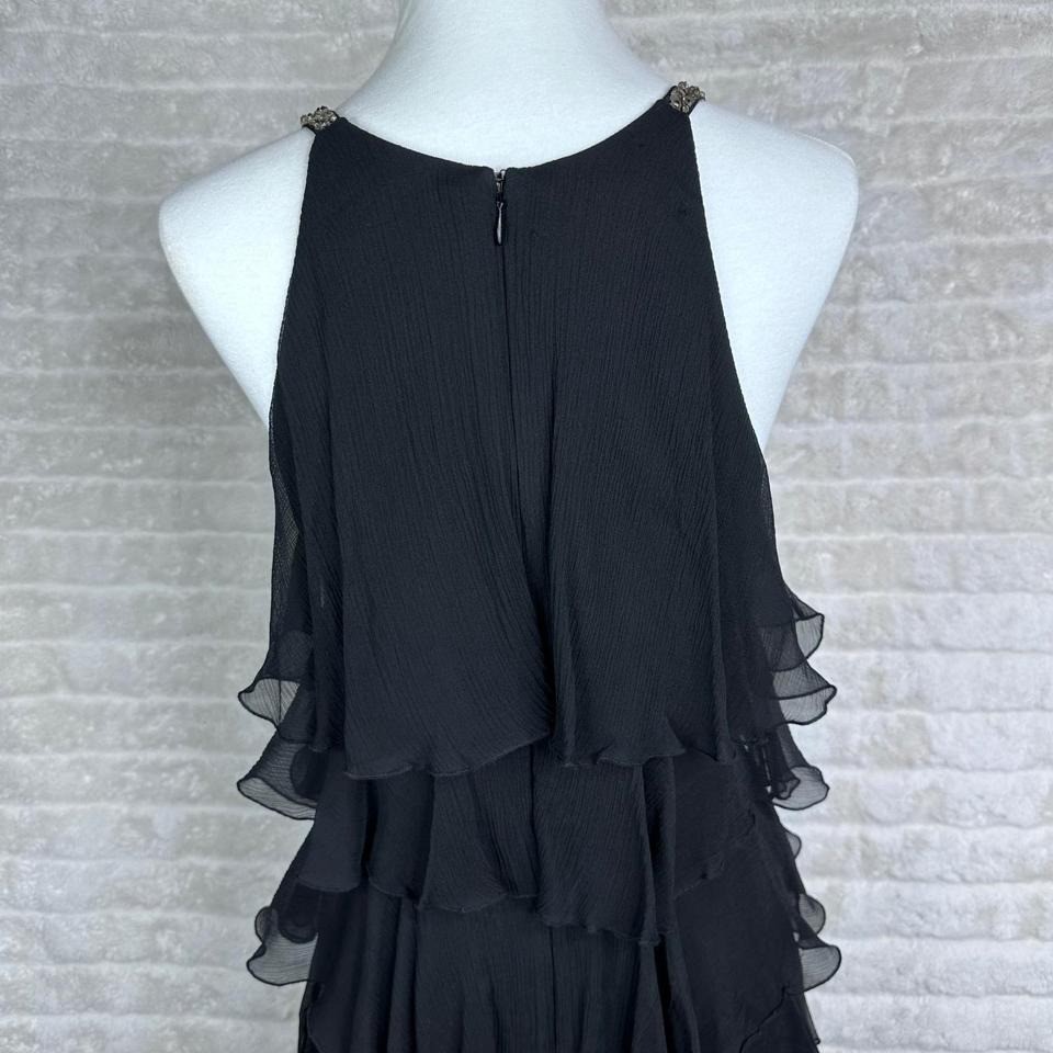 BCBGMAXAZRIA Black Beaded Halter Tiered Ruffle Silk Chiffon Cocktail Dress XS