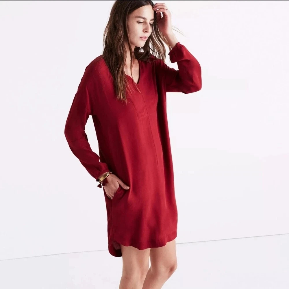 Madewell Du Jour 3/4 Sleeve Burgundy Tunic V Neck Pocket Pullover Shirt Dress M