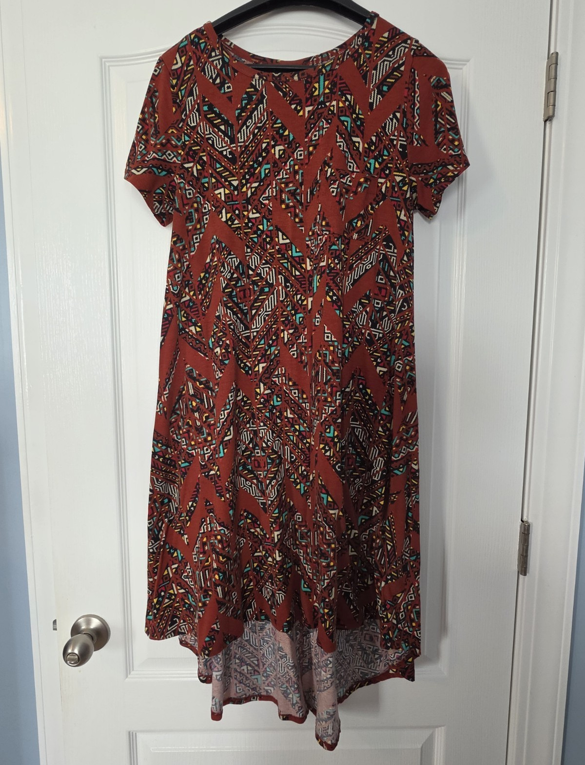 LuLaRoe Women’s L Geometric Red/Multicolor High Low Dress Irma Length