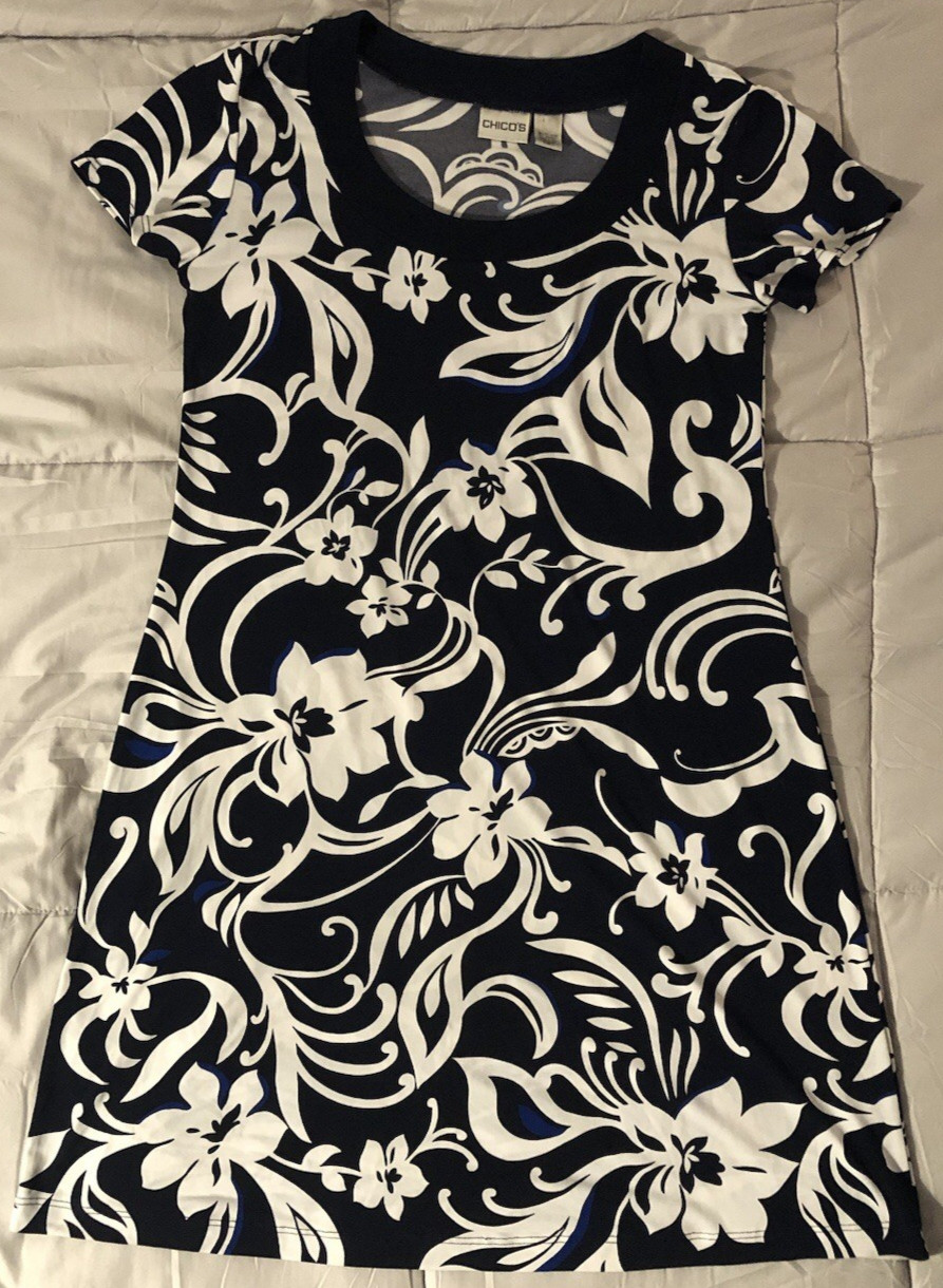 Chico’s 1 (US M 8-10) Knit Midi Dress Short Sleeve Navy/White Floral Stretch