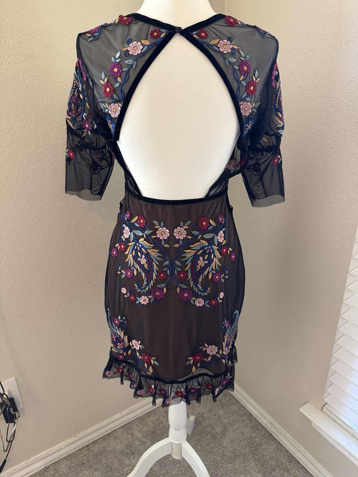NWT For Love & and Lemons Ester Mini Dress Black Mesh Embroidered Medium Floral