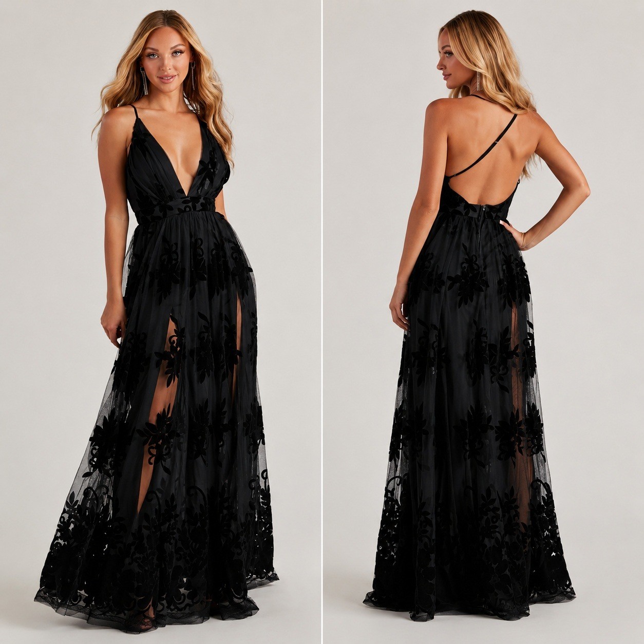 Black Velvet Floral Burnout Mesh Maxi Dress Open Back Dark Feminine Formal Gown
