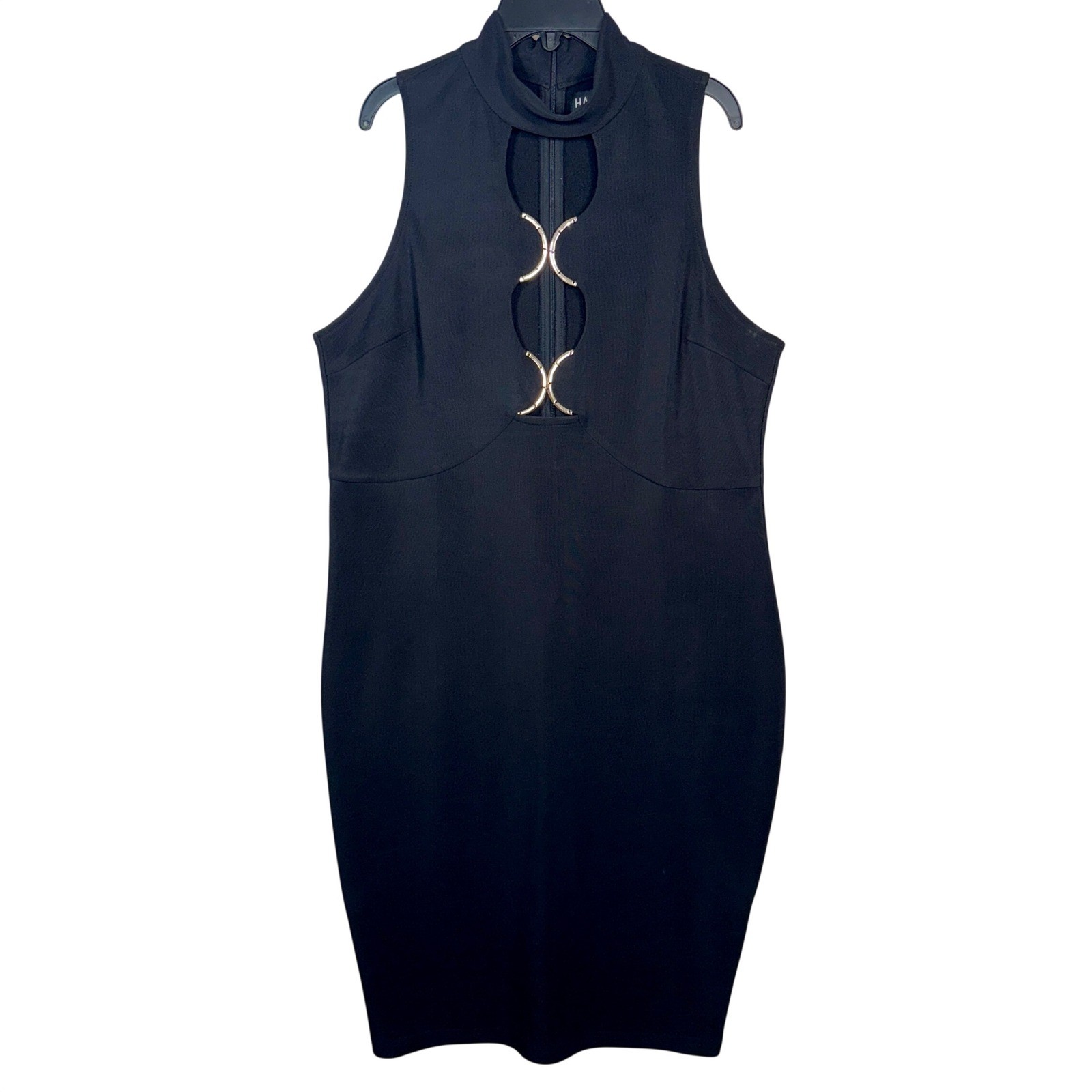 Haute Fox Black Mock Neck Cutout Gold Hardware Bodycon Dress 1X Plus Size
