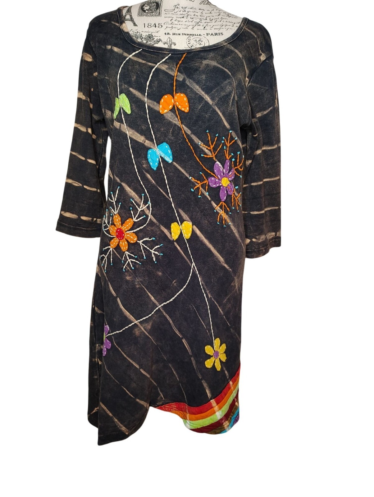 Rising International Small Tunic Dress Tye Die Flower Embroidery Lagenlook Artsy