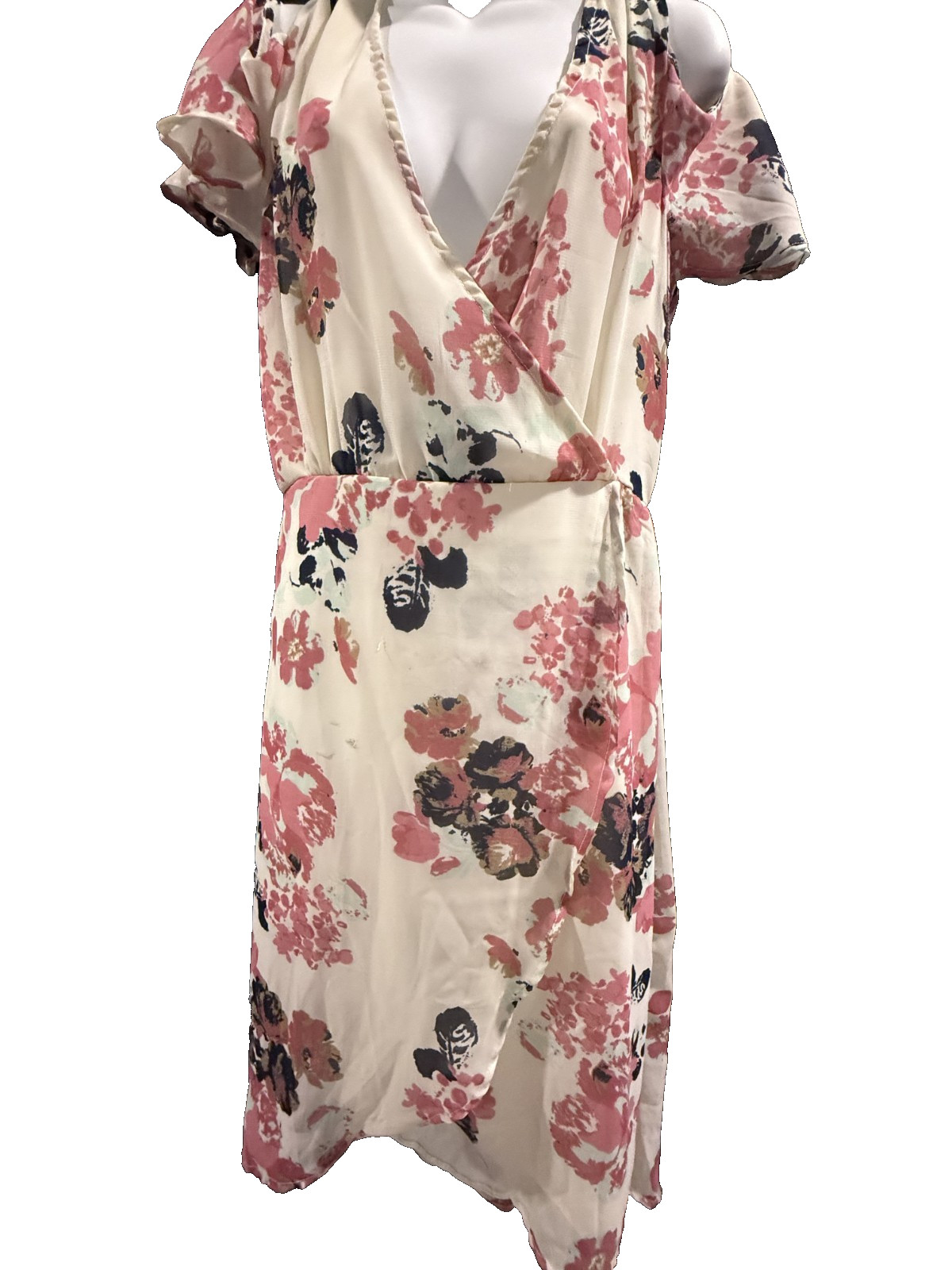 Hint of Blush Floral Wrap Dress Medium Pink Cream Black Print Flowy Romantic