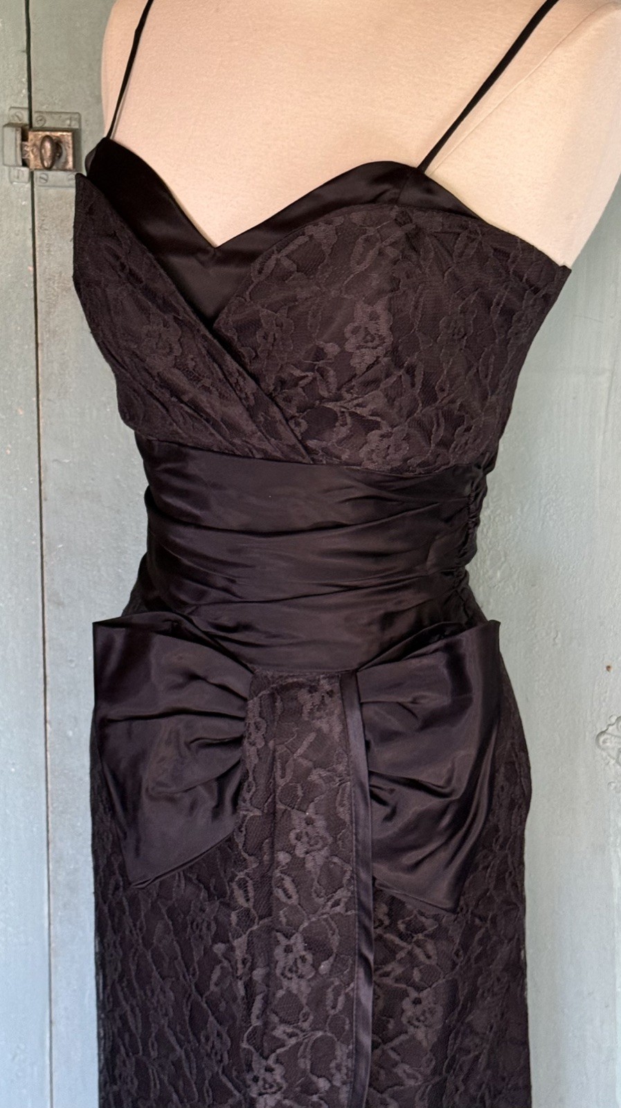LBD Straps Sweetheart Lace Overlay Wrap Ruched Black Dress Bow Sash S+