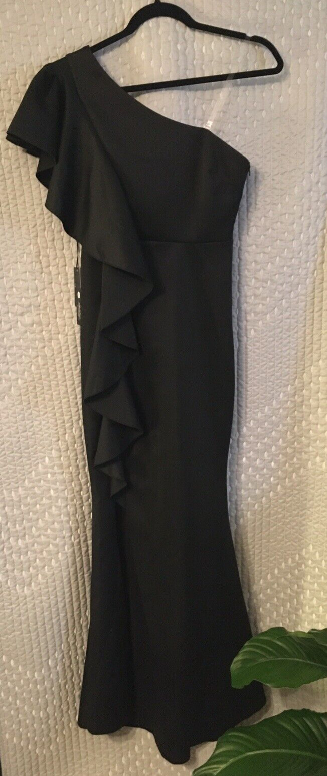 Ababalaya Women’s Black One Shoulder Ruffled Split Mermaid Evening Gown – Small