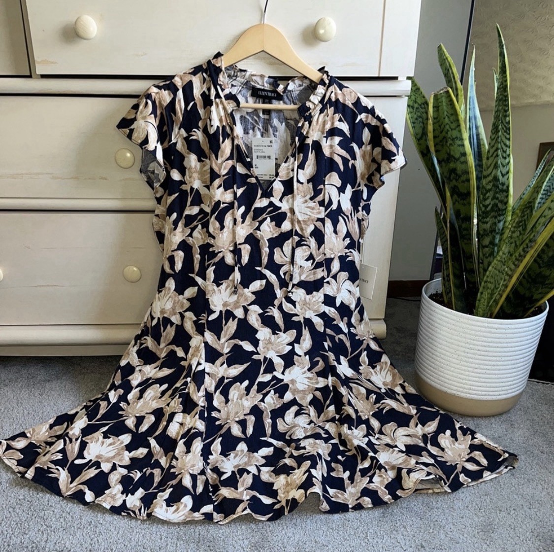 NWT Ellen Tracy Notched Tie Neck Raglan Sleeve Linen Dress M