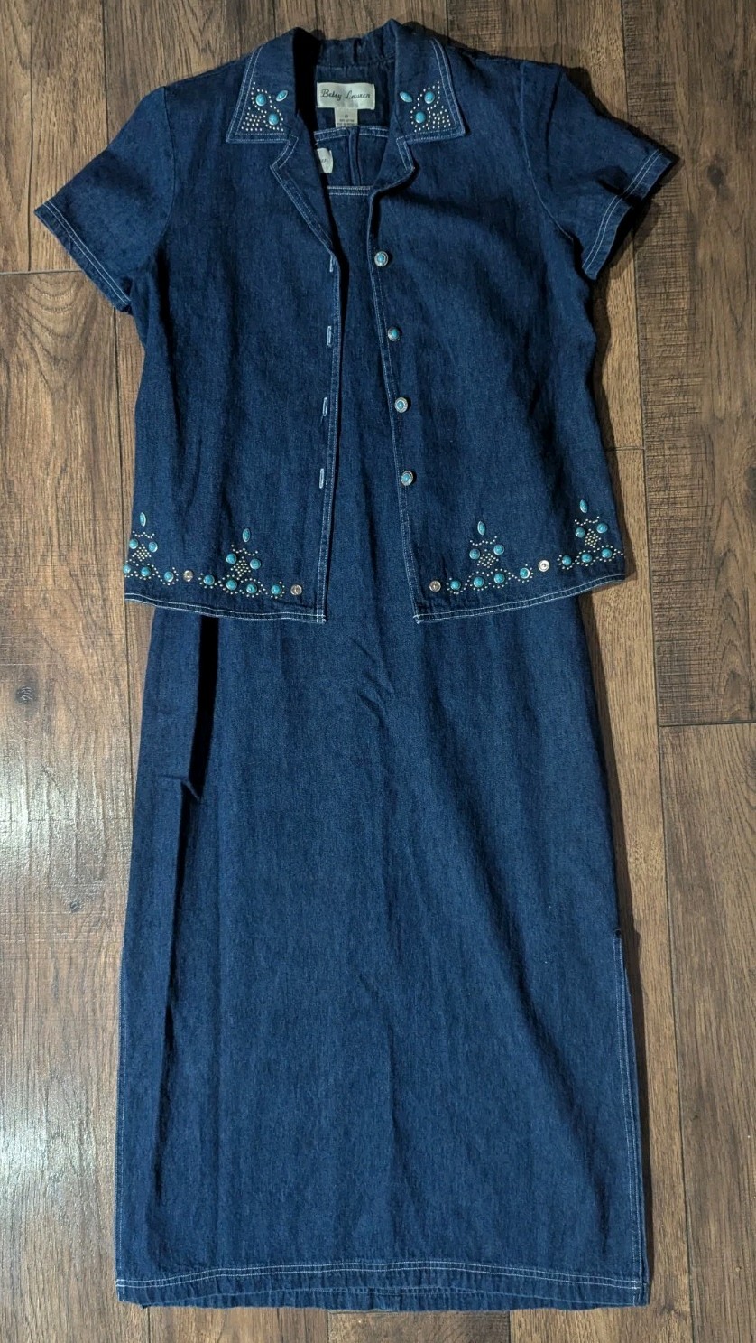 Betsy Lauren Vintage Denim Maxi Dress Short Sleeve Shacket Sz 10 Turquoise Studs