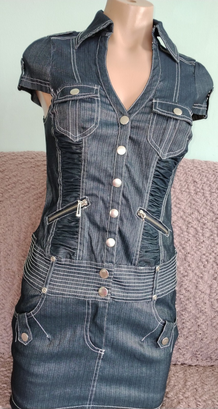 Spandex high stretch sheath, S, blue jean dress, textured, USA